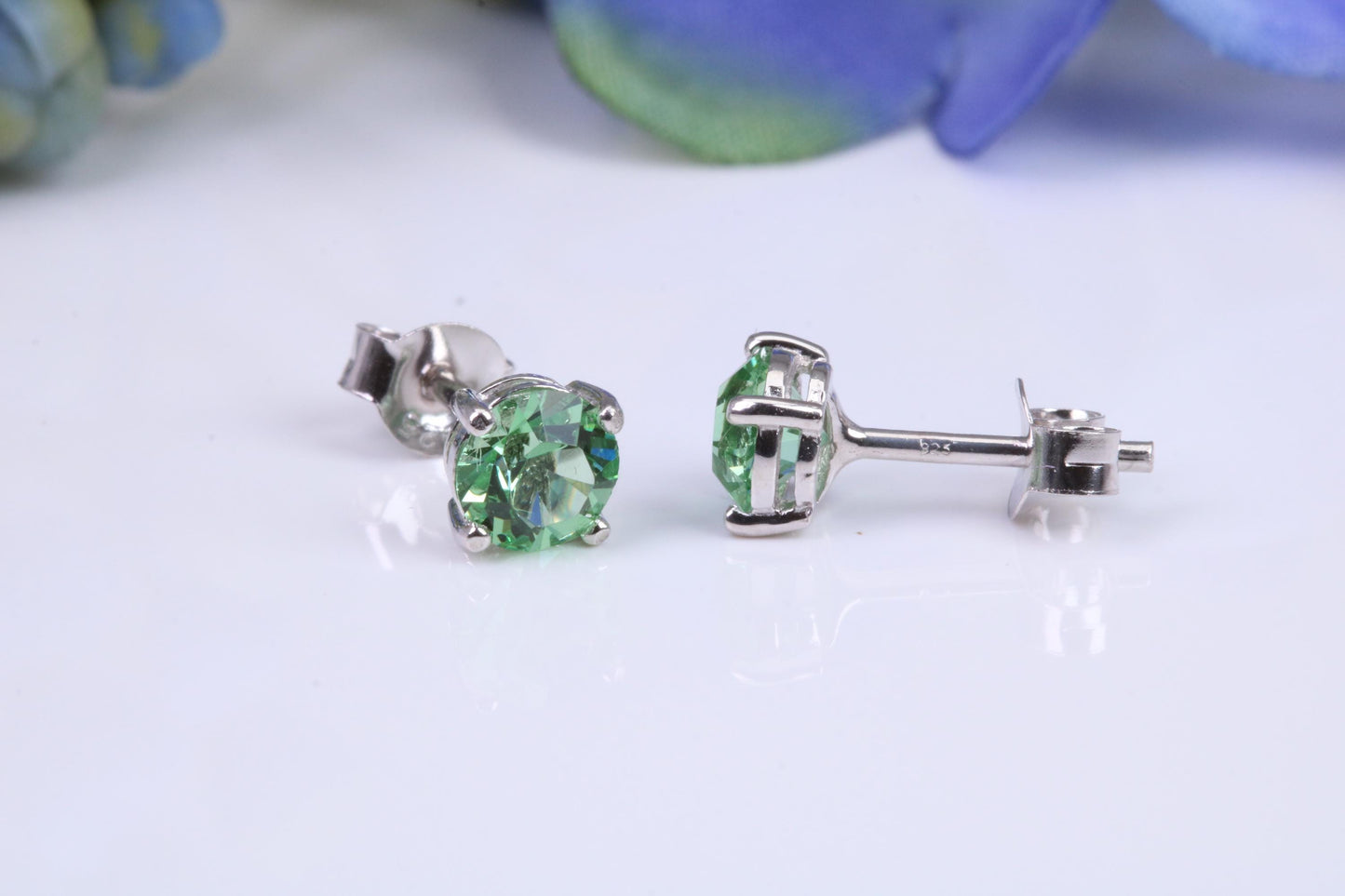 5 mm Round Peridot Green Cubic Zirconia set Stud Earrings, Made from Solid Cast Sterling Silver