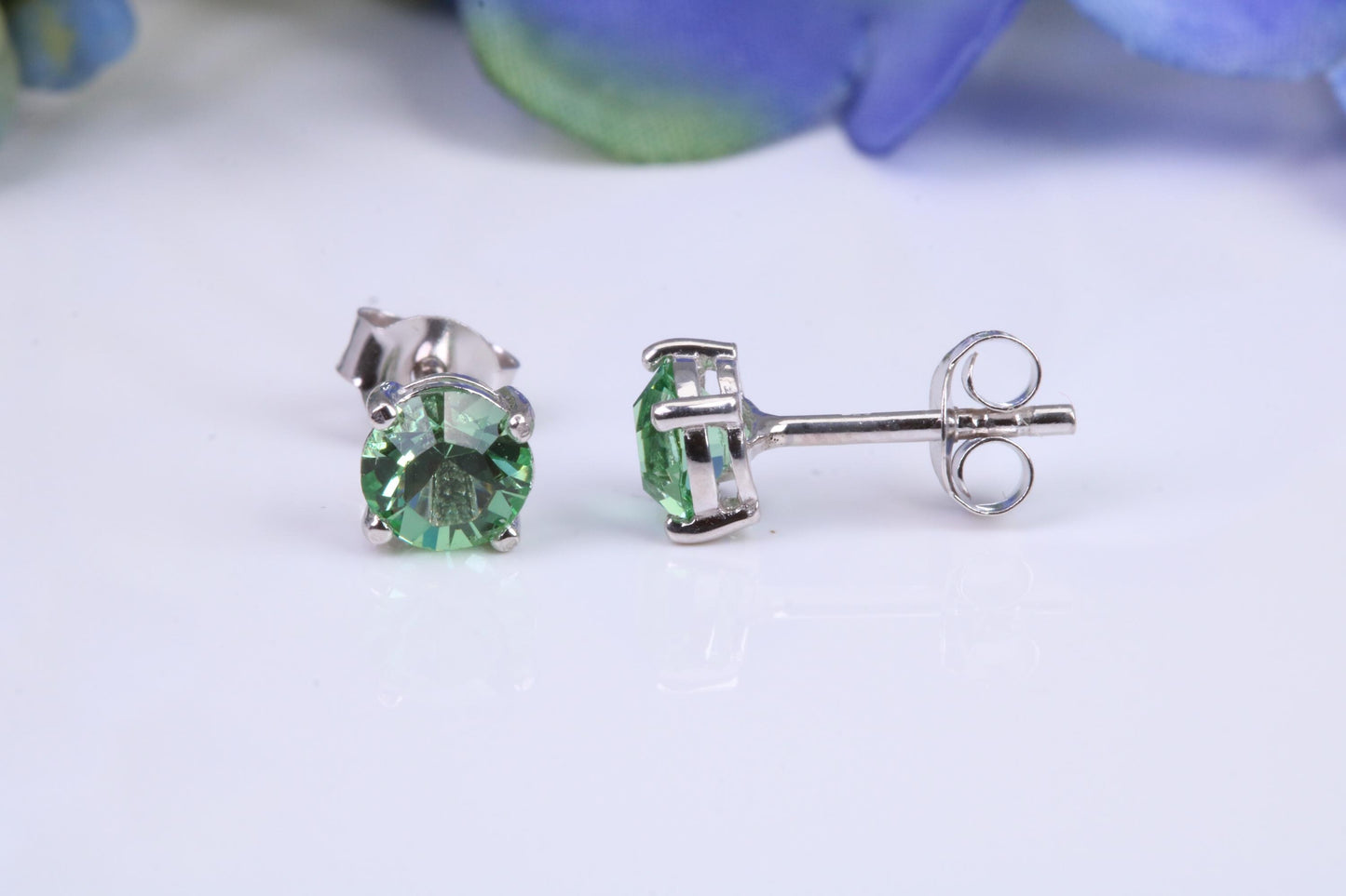 5 mm Round Peridot Green Cubic Zirconia set Stud Earrings, Made from Solid Cast Sterling Silver