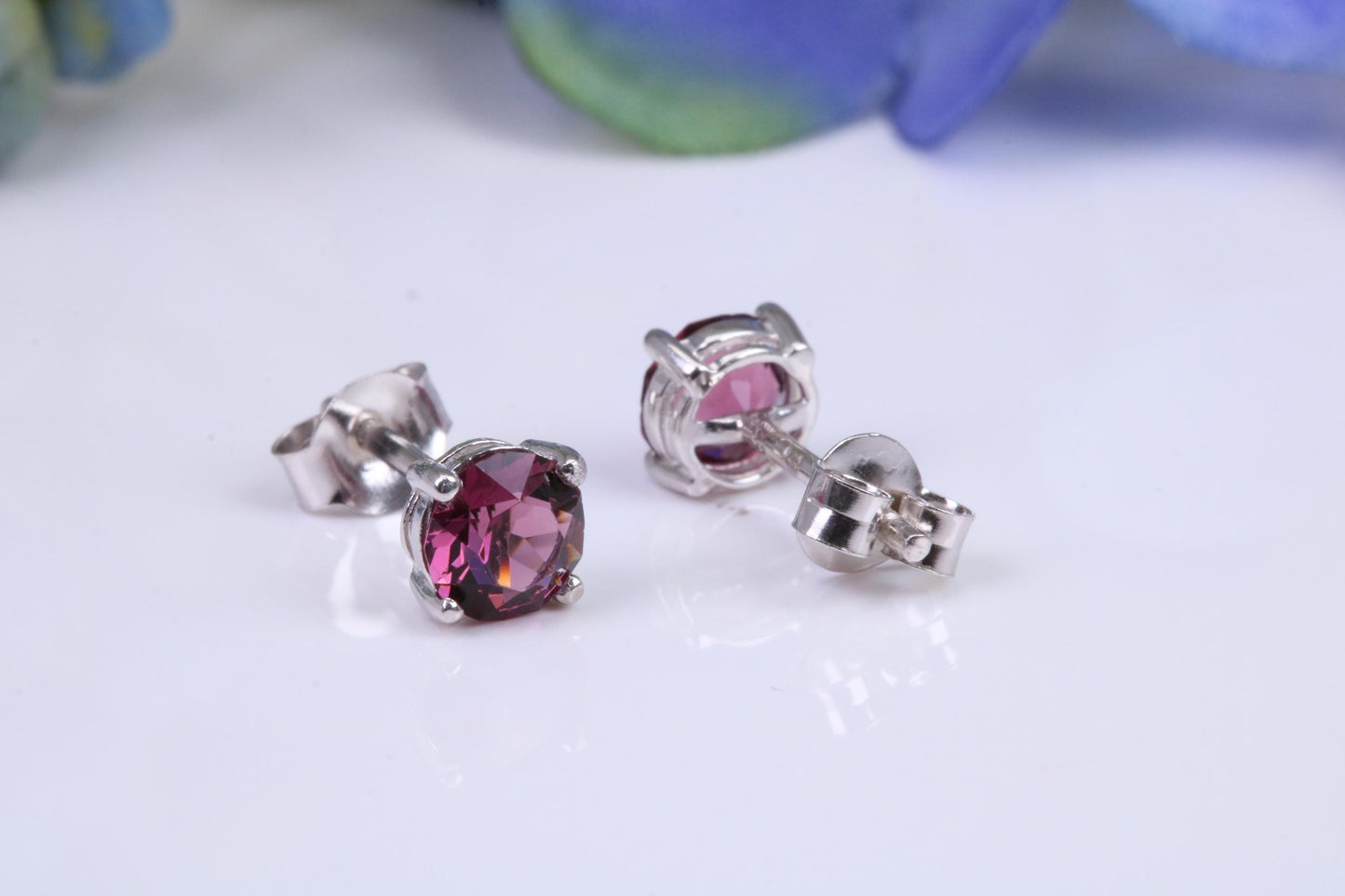 5 mm Round Hessonite Garnet Cubic Zirconia set Stud Earrings, Made from Solid Cast Sterling Silver