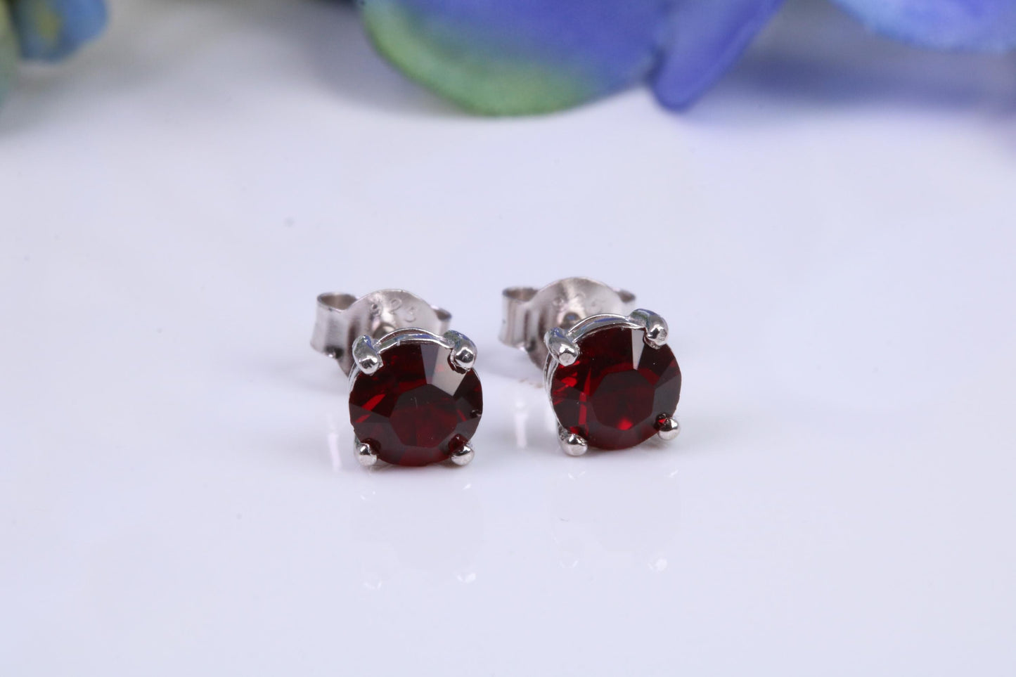5 mm Round Garnet Cubic Zirconia set Stud Earrings, Made from Solid Cast Sterling Silver