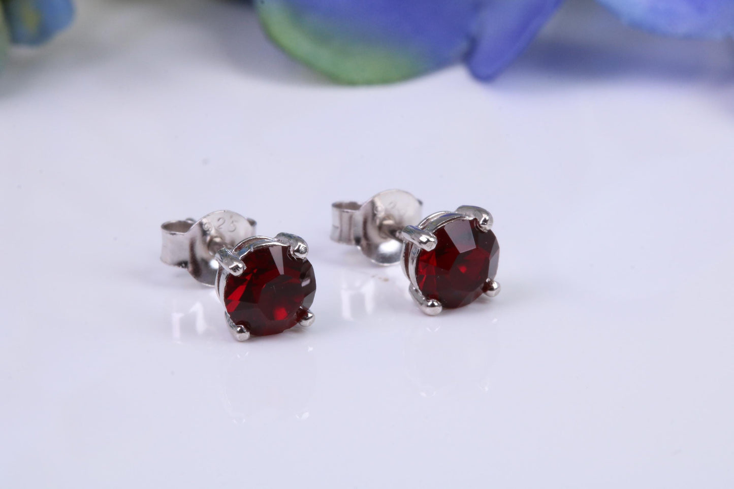 5 mm Round Garnet Cubic Zirconia set Stud Earrings, Made from Solid Cast Sterling Silver