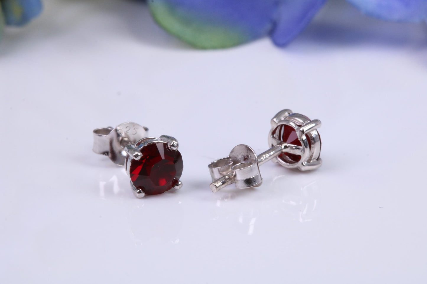 5 mm Round Garnet Cubic Zirconia set Stud Earrings, Made from Solid Cast Sterling Silver