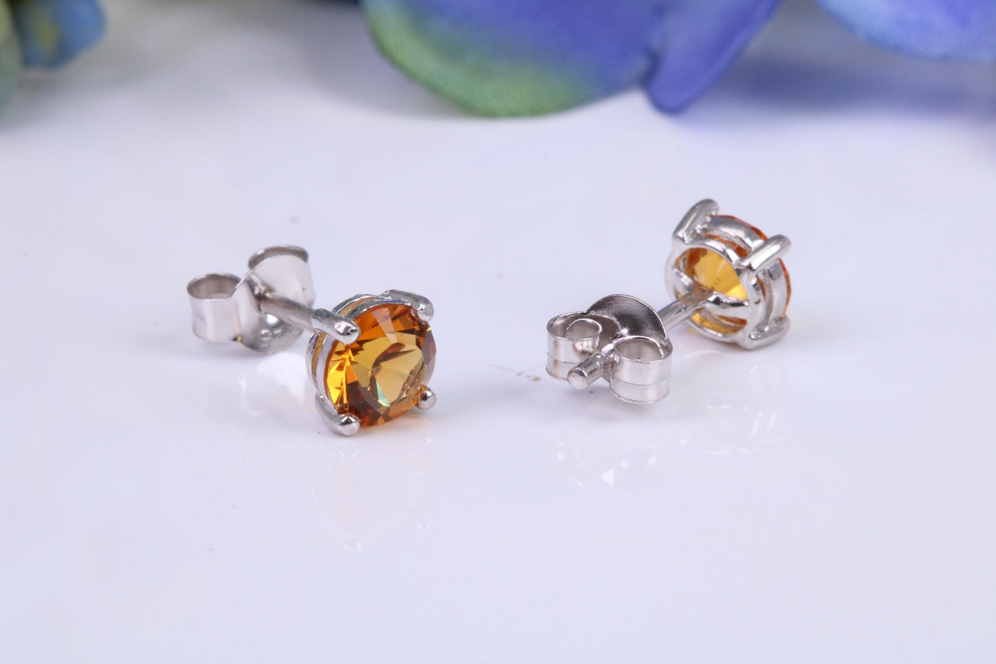 5 mm Round Citrine Cubic Zirconia set Stud Earrings, Made from Solid Cast Sterling Silver