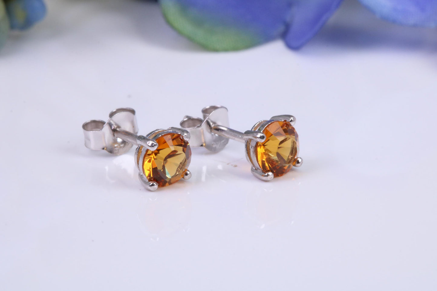 5 mm Round Citrine Cubic Zirconia set Stud Earrings, Made from Solid Cast Sterling Silver
