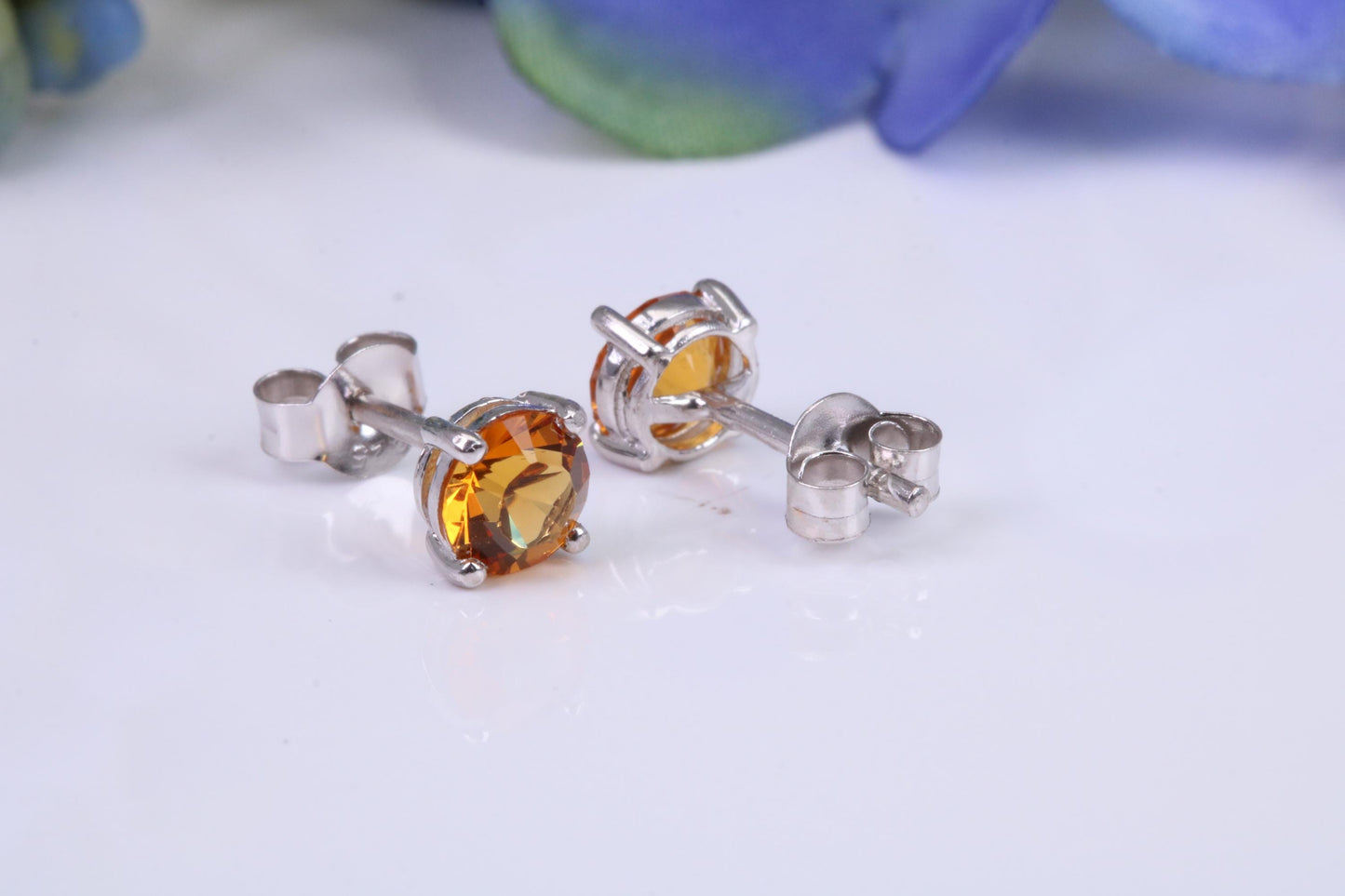 5 mm Round Citrine Cubic Zirconia set Stud Earrings, Made from Solid Cast Sterling Silver