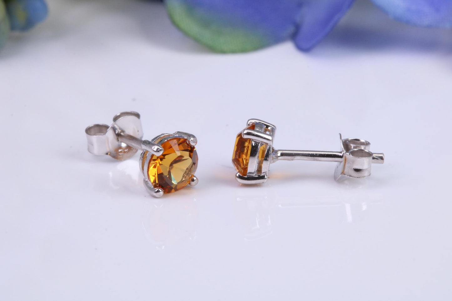 5 mm Round Citrine Cubic Zirconia set Stud Earrings, Made from Solid Cast Sterling Silver