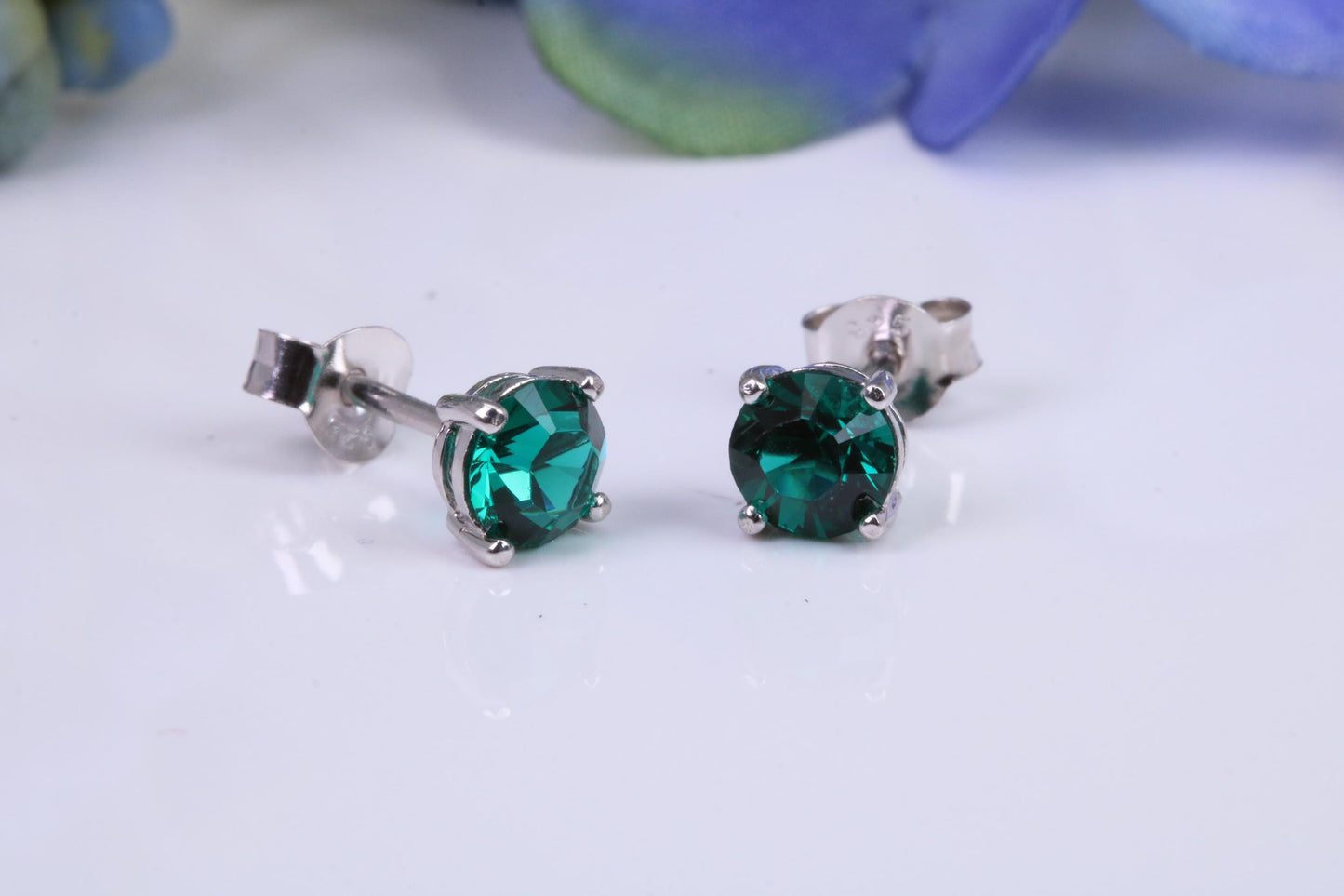 5 mm Round Emerald Green Cubic Zirconia set Stud Earrings, Made from Solid Cast Sterling Silver