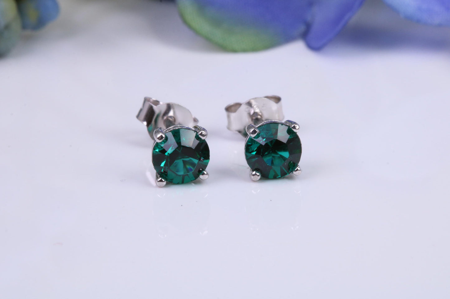 5 mm Round Emerald Green Cubic Zirconia set Stud Earrings, Made from Solid Cast Sterling Silver
