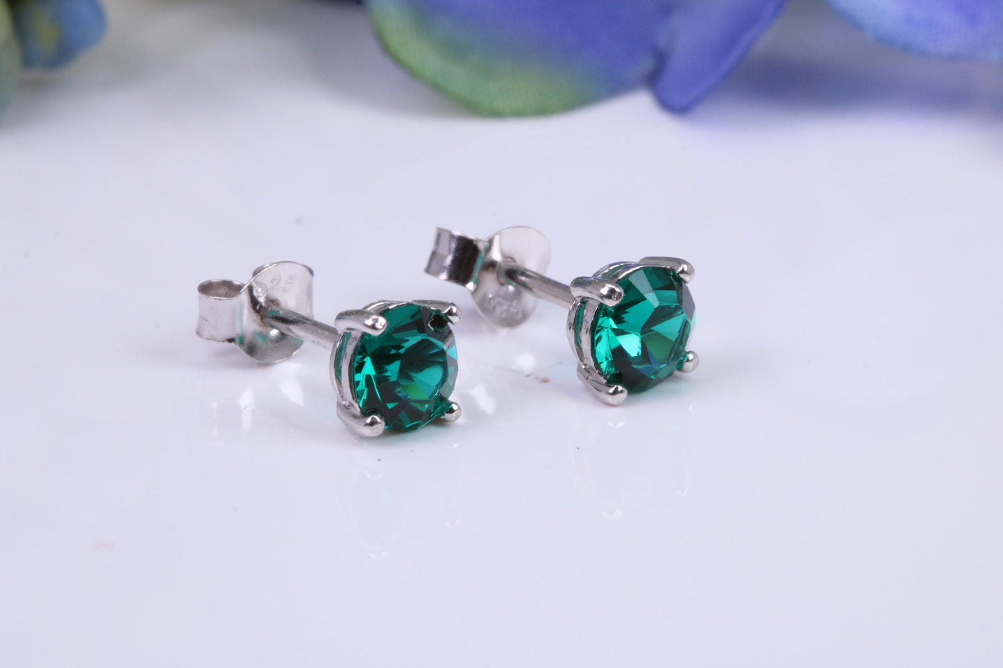 5 mm Round Emerald Green Cubic Zirconia set Stud Earrings, Made from Solid Cast Sterling Silver
