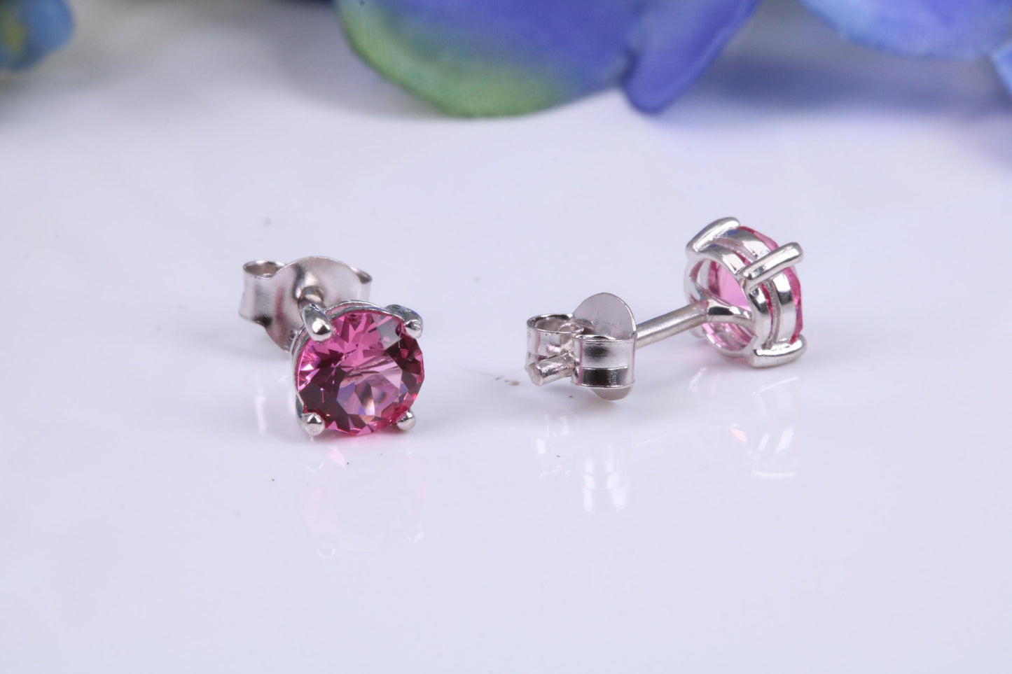 5 mm Round Pink Sapphire Cubic Zirconia set Stud Earrings, Made from Solid Cast Sterling Silver