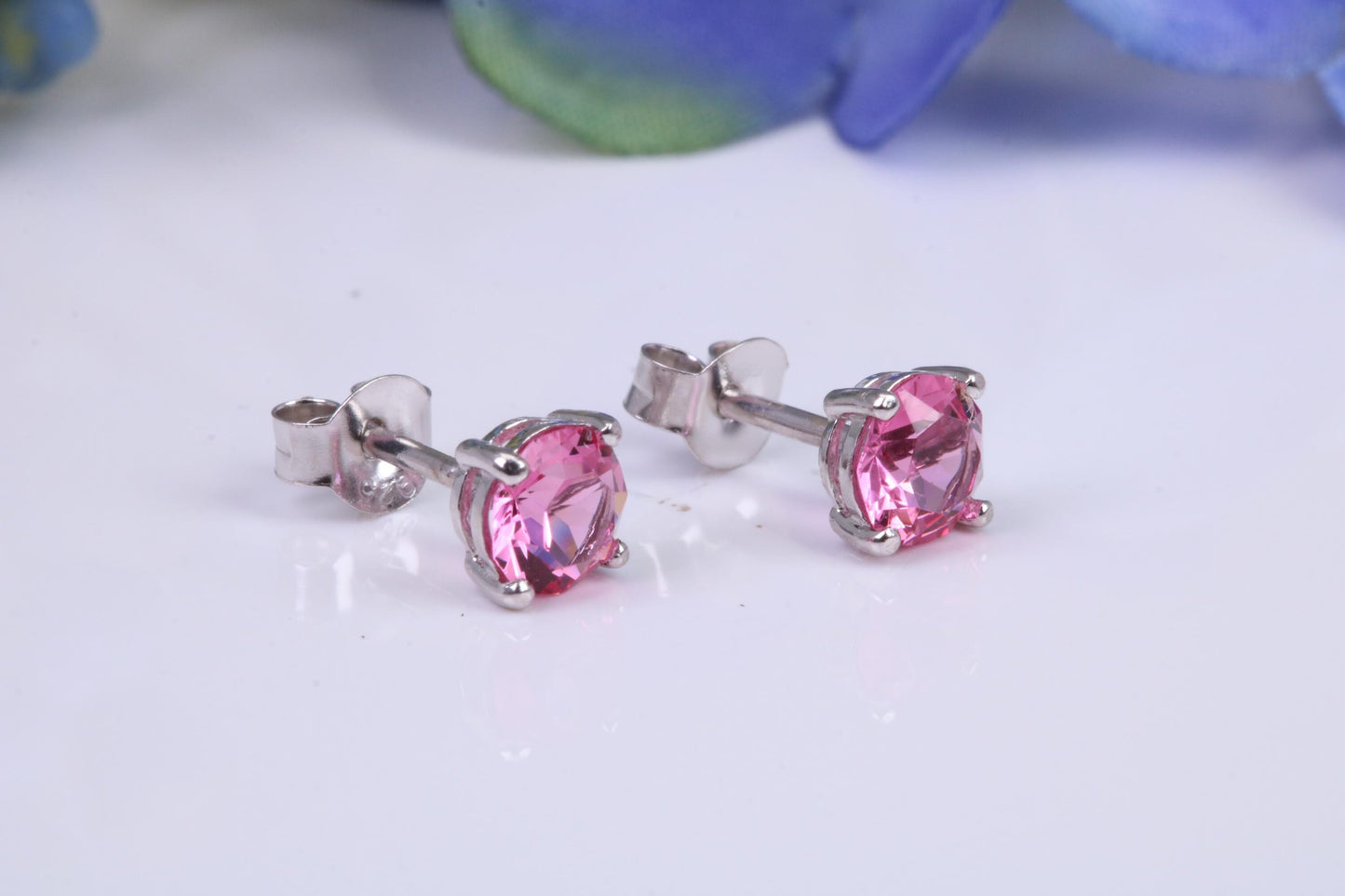 5 mm Round Pink Sapphire Cubic Zirconia set Stud Earrings, Made from Solid Cast Sterling Silver