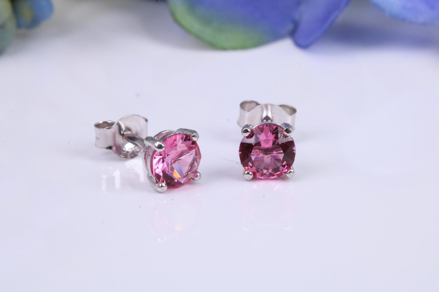 5 mm Round Pink Sapphire Cubic Zirconia set Stud Earrings, Made from Solid Cast Sterling Silver