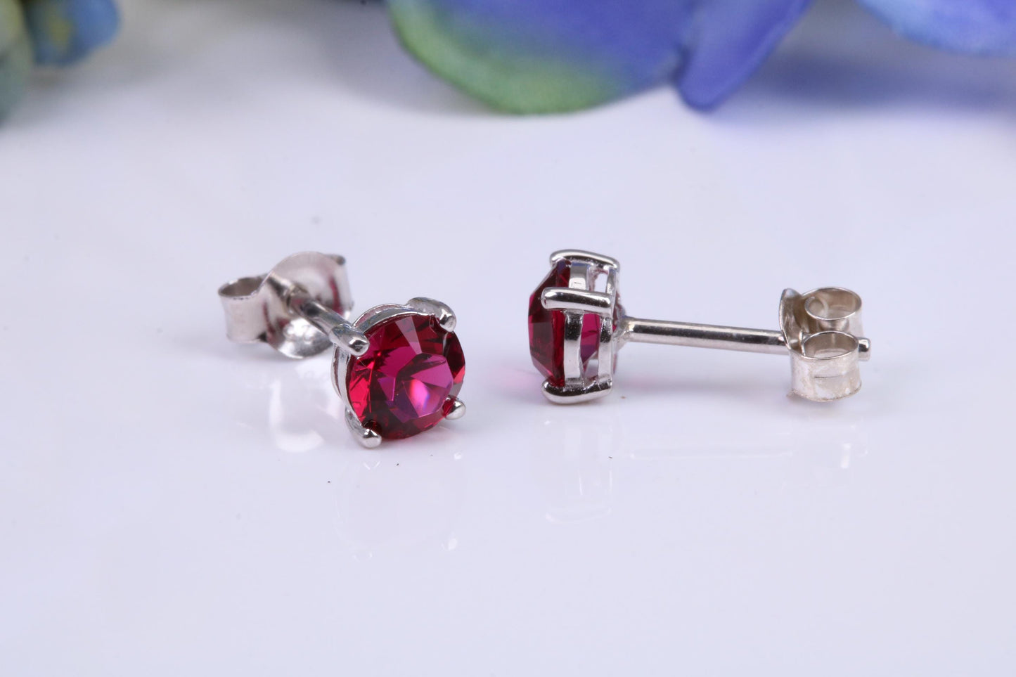 5 mm Round Ruby Red Cubic Zirconia set Stud Earrings, Made from Solid Cast Sterling Silver