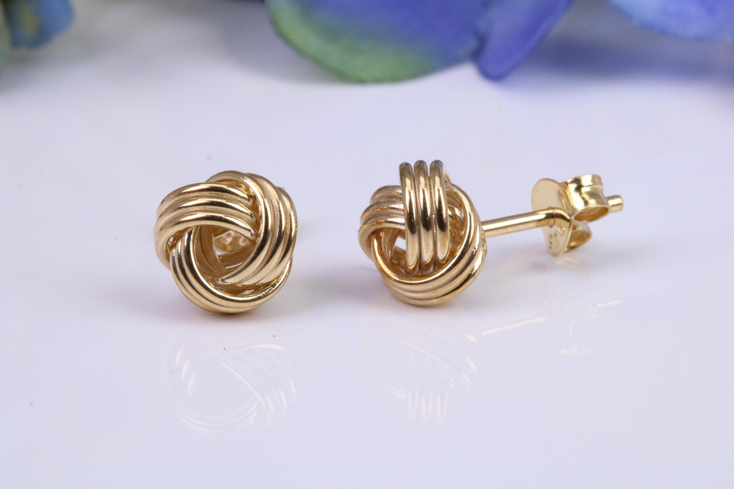 8 mm Round Knotted Stud Earrings, Made from 925 Grade Sterling Silver and Yellow Gold Plated