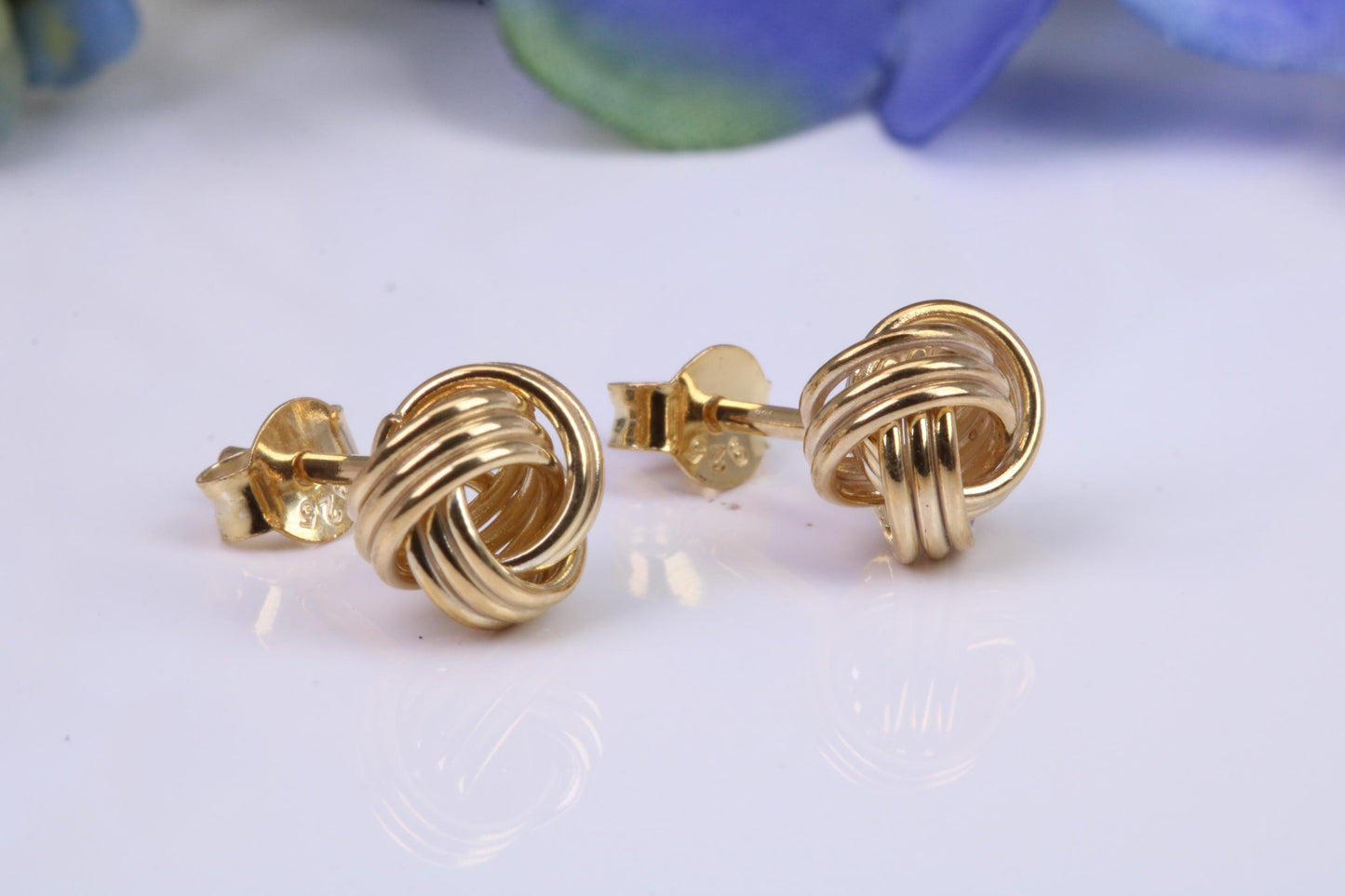 8 mm Round Knotted Stud Earrings, Made from 925 Grade Sterling Silver and Yellow Gold Plated