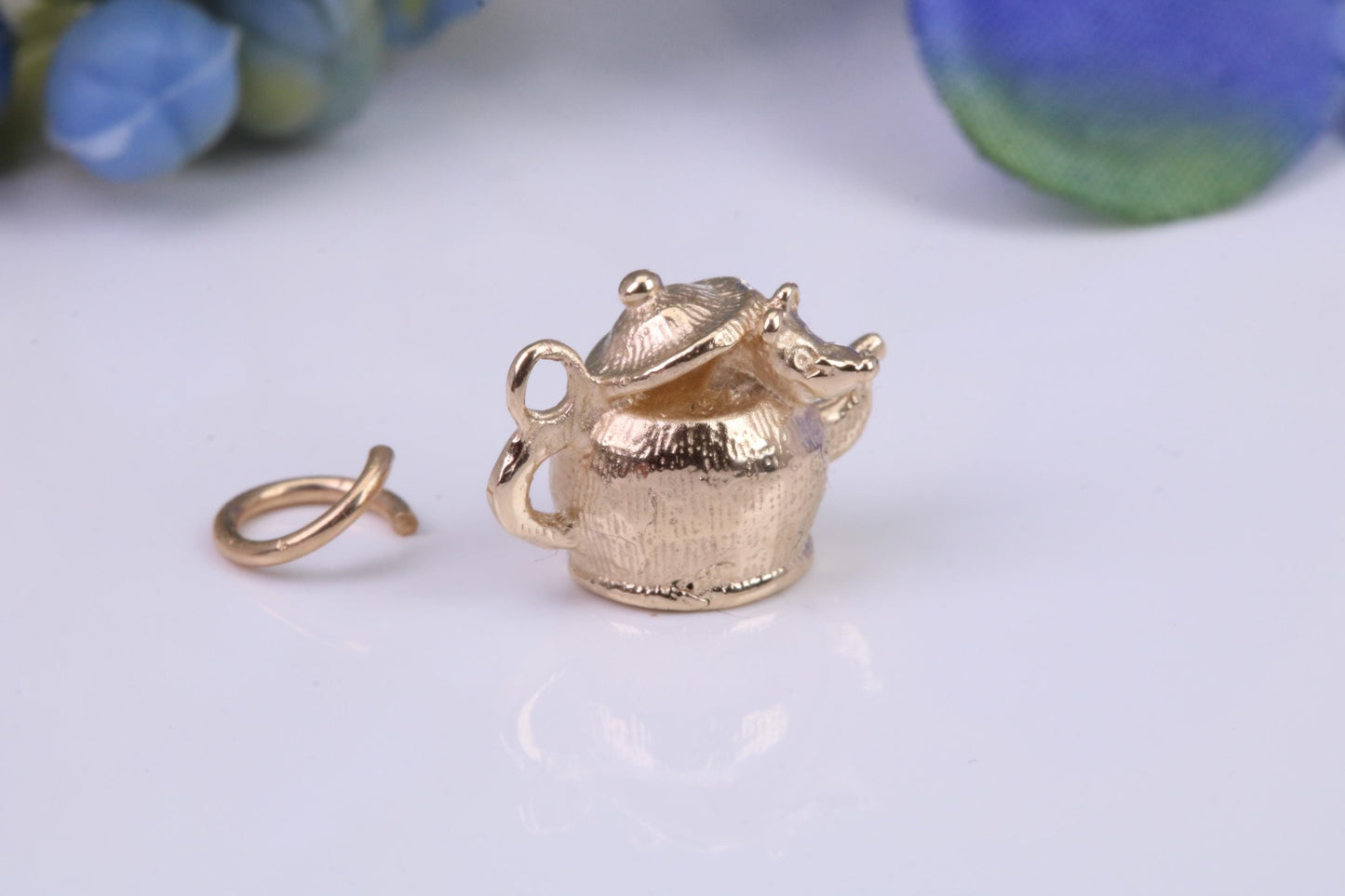 Mouse in Teapot Charm, Traditional Charm, Made From Solid Yellow Gold with British Hallmark, Complete with Attachment Link