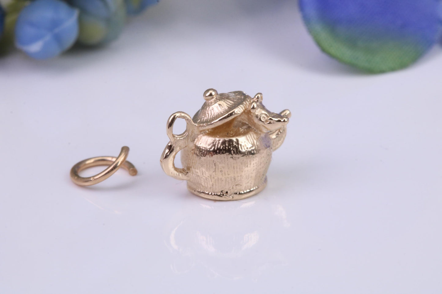 Mouse in Teapot Charm, Traditional Charm, Made From Solid Yellow Gold with British Hallmark, Complete with Attachment Link