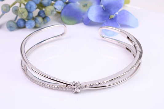 Oval Diamond White Cubic Zirconia set Solid Silver Open Ended Bangle