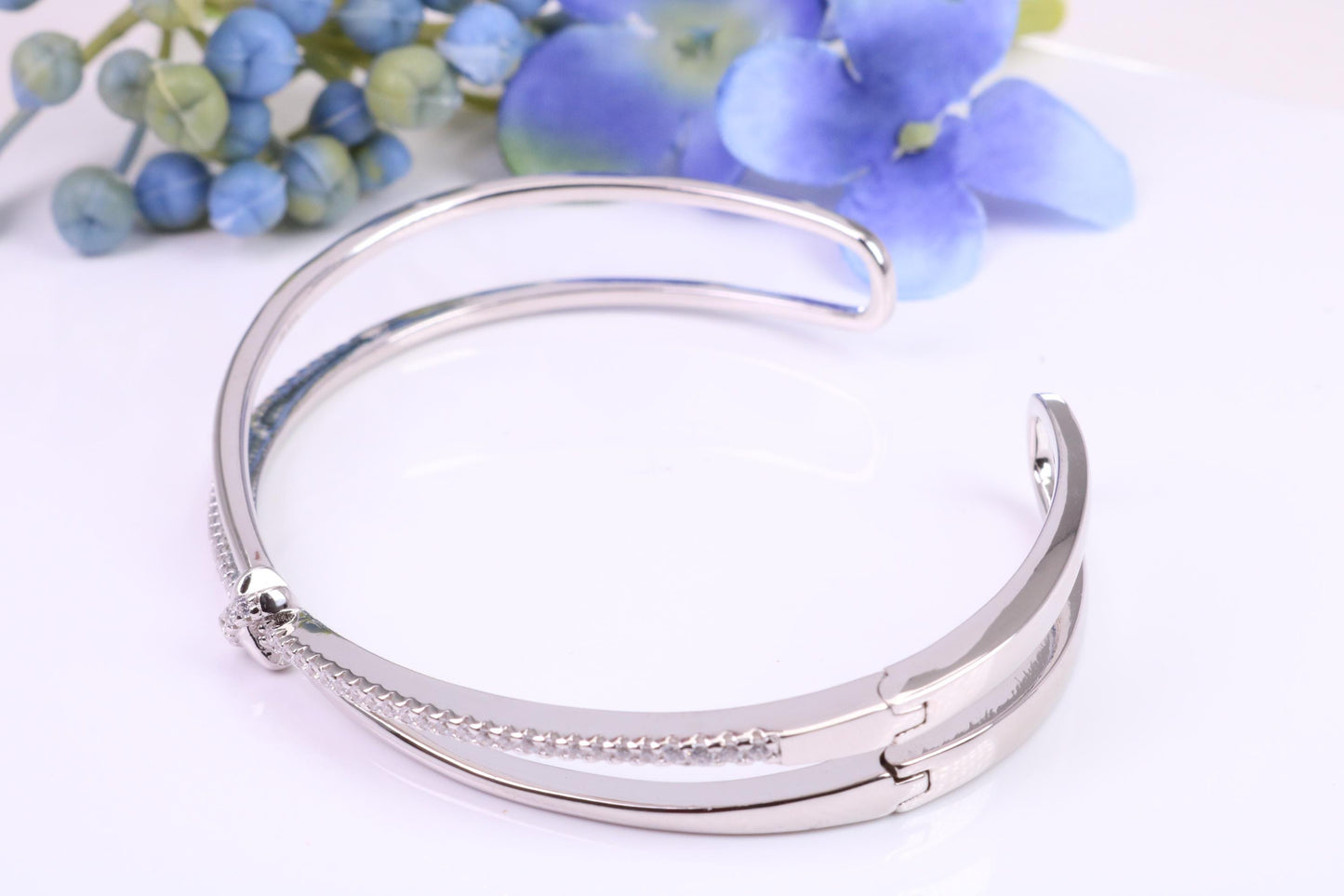 Oval Diamond White Cubic Zirconia set Solid Silver Open Ended Bangle