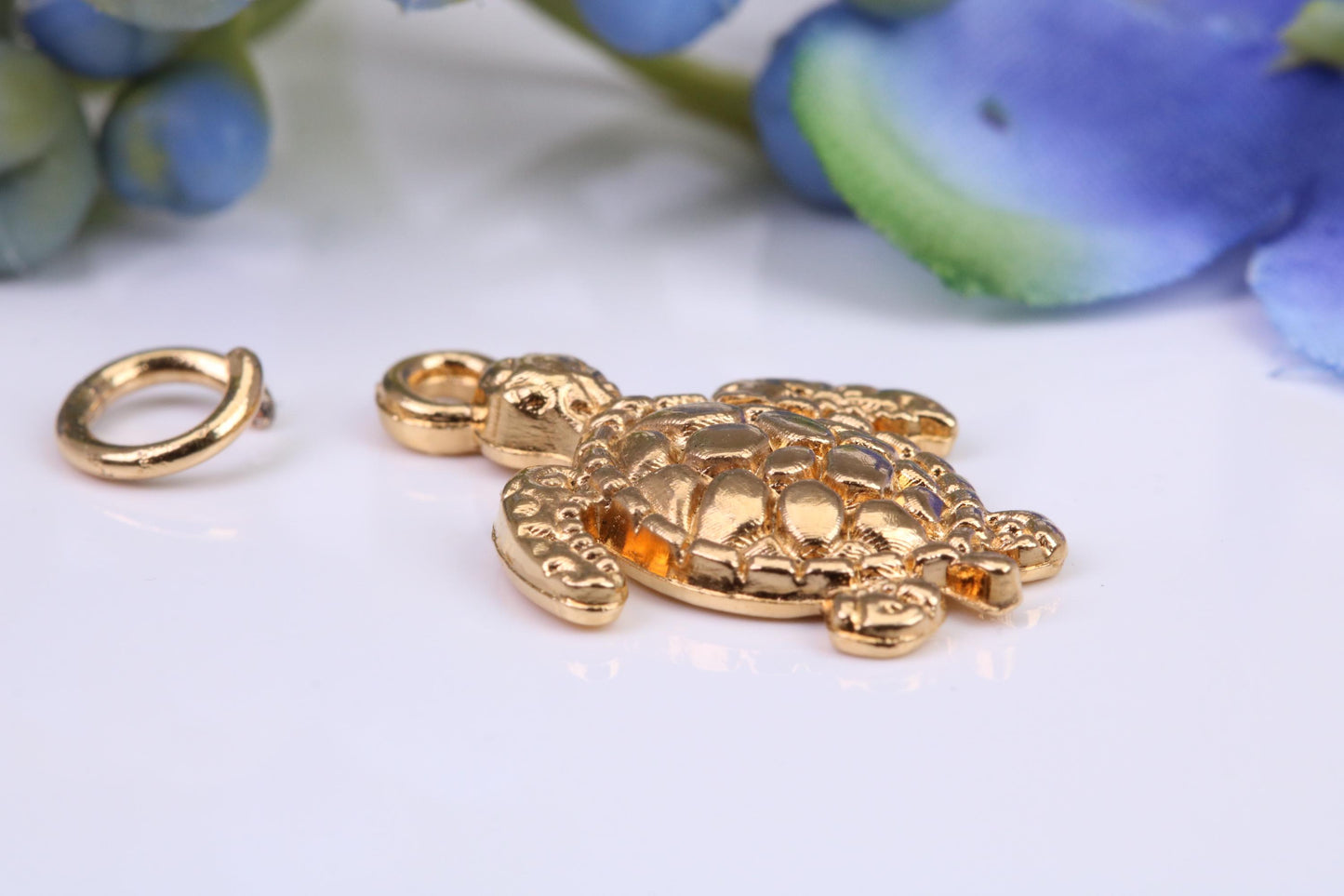 Turtle Charm, Made from Solid 9ct Yellow Gold, British Hallmarked, Complete with Attachment Link