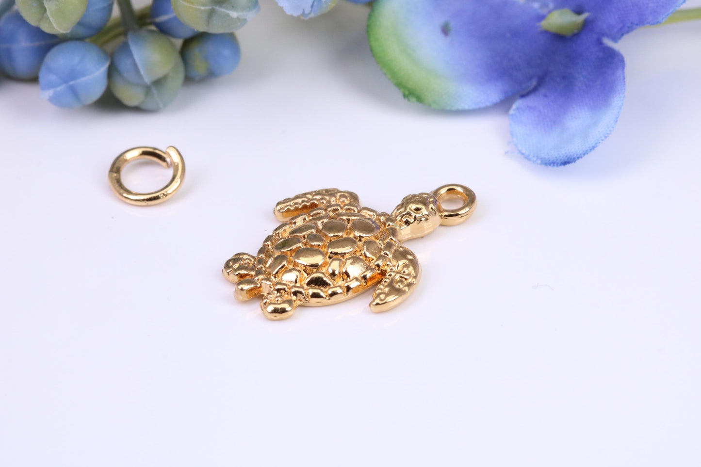 Turtle Charm, Made from Solid 9ct Yellow Gold, British Hallmarked, Complete with Attachment Link