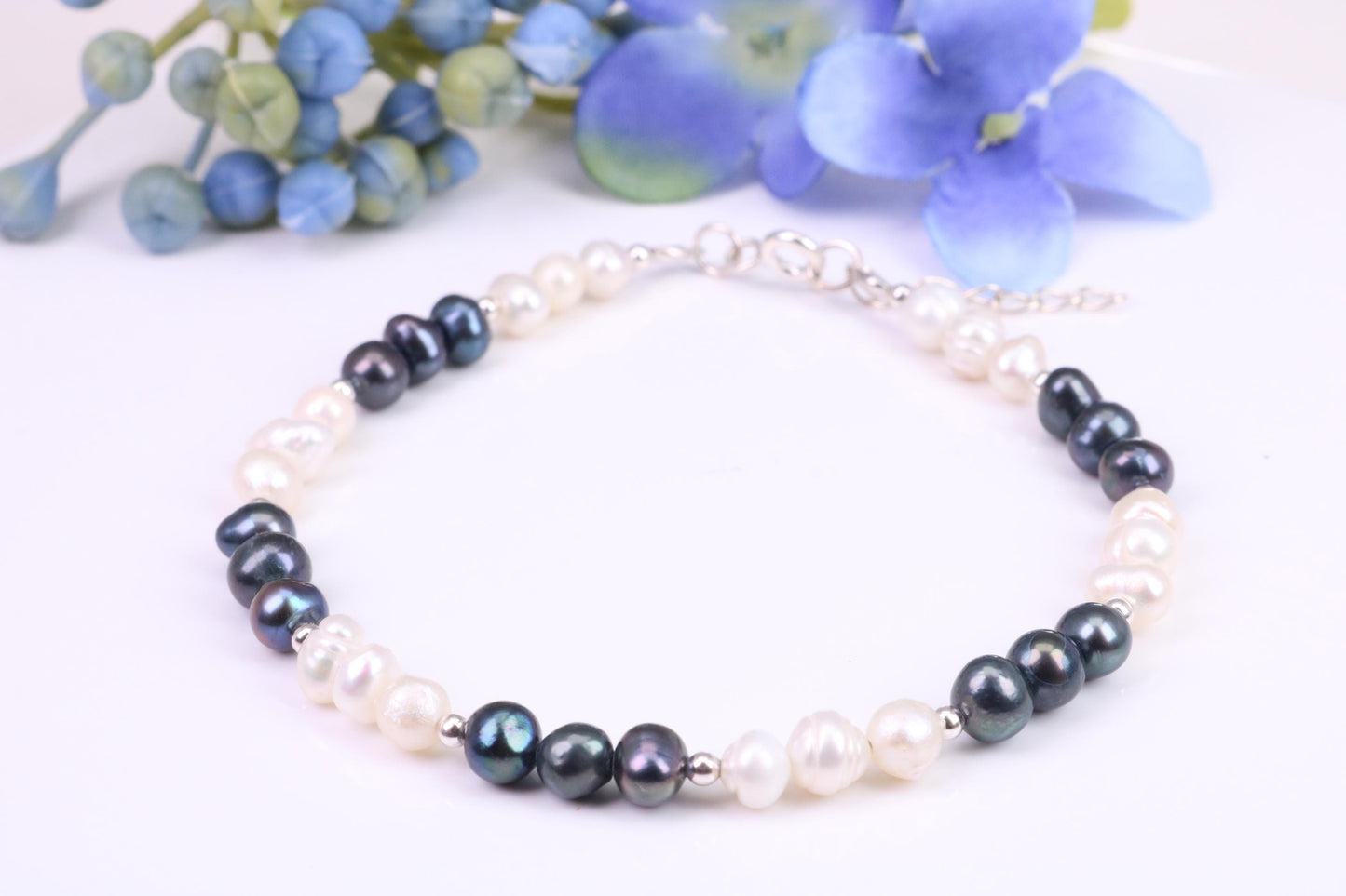 Black and White Pearl Bracelet, made from Sterling Silver with Length Adjustable Chain