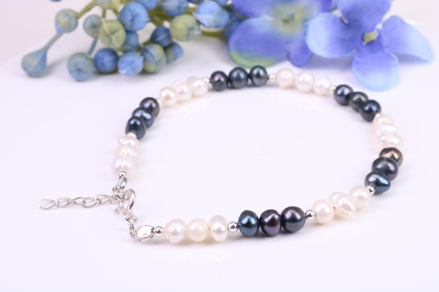 Black and White Pearl Bracelet, made from Sterling Silver with Length Adjustable Chain