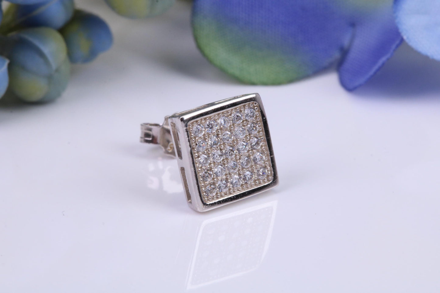Mans Large 9 mm Square Diamond White Cubic Zirconia set Single Stud Earring, Made from Solid Cast Sterling Silver, Ideal for Gents