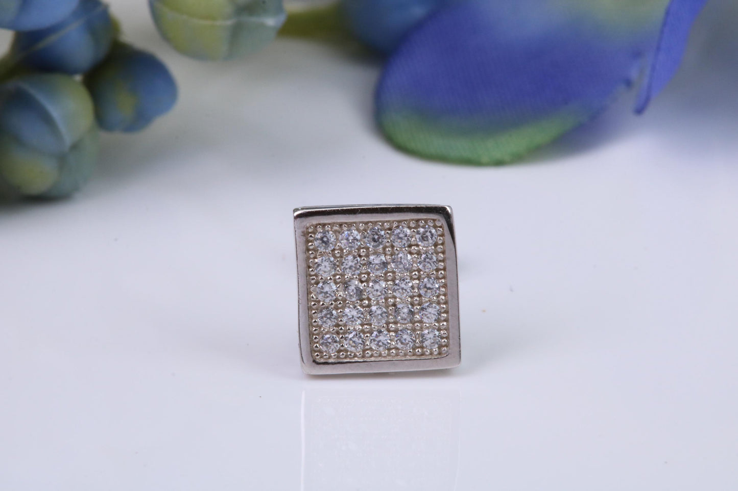Mans Large 9 mm Square Diamond White Cubic Zirconia set Single Stud Earring, Made from Solid Cast Sterling Silver, Ideal for Gents