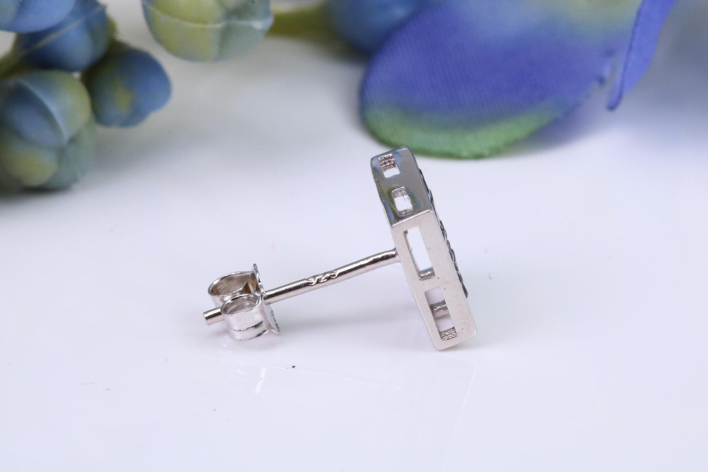 Mans Large 9 mm Square Black Diamond Cubic Zirconia set Single Stud Earring, Made from Solid Cast Sterling Silver, Ideal for Gents