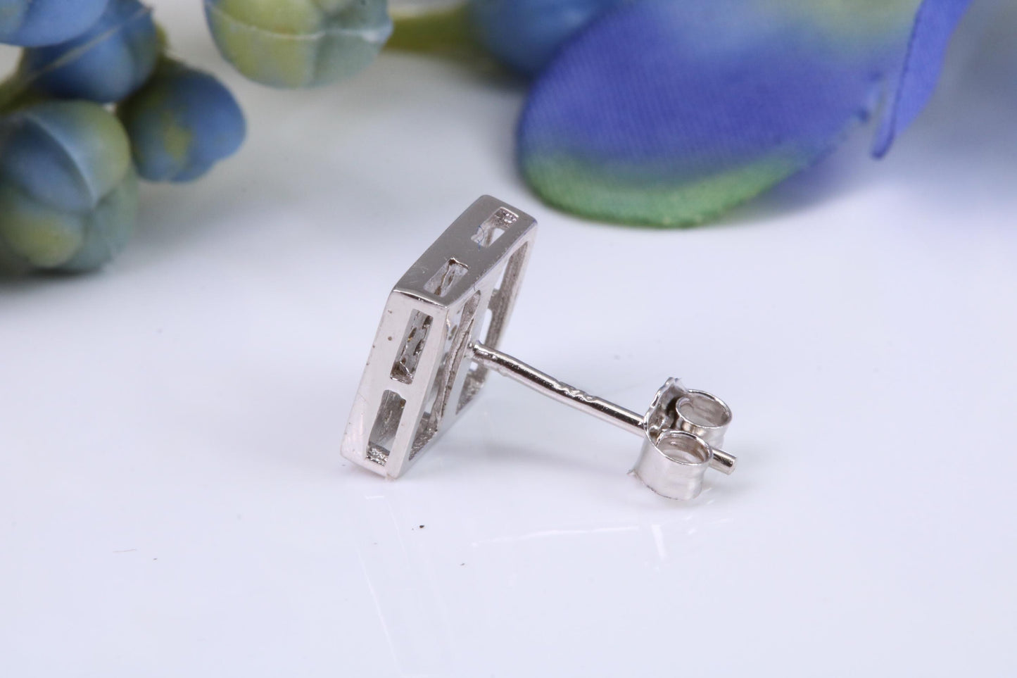 Mans Large 9 mm Square Black Diamond Cubic Zirconia set Single Stud Earring, Made from Solid Cast Sterling Silver, Ideal for Gents