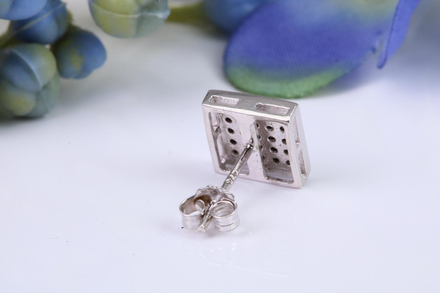 Mans Large 9 mm Square Black Diamond Cubic Zirconia set Single Stud Earring, Made from Solid Cast Sterling Silver, Ideal for Gents