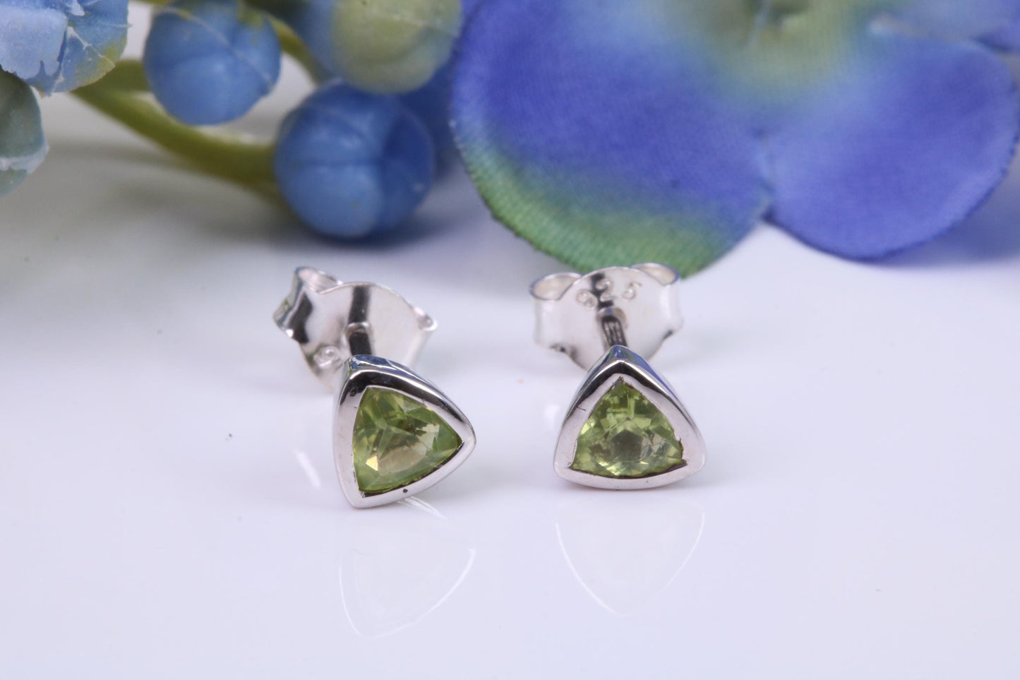 Real Trillion cut Peridot set Stud Earrings, Very Dressy, Made from Solid 925 Grade Sterling Silver