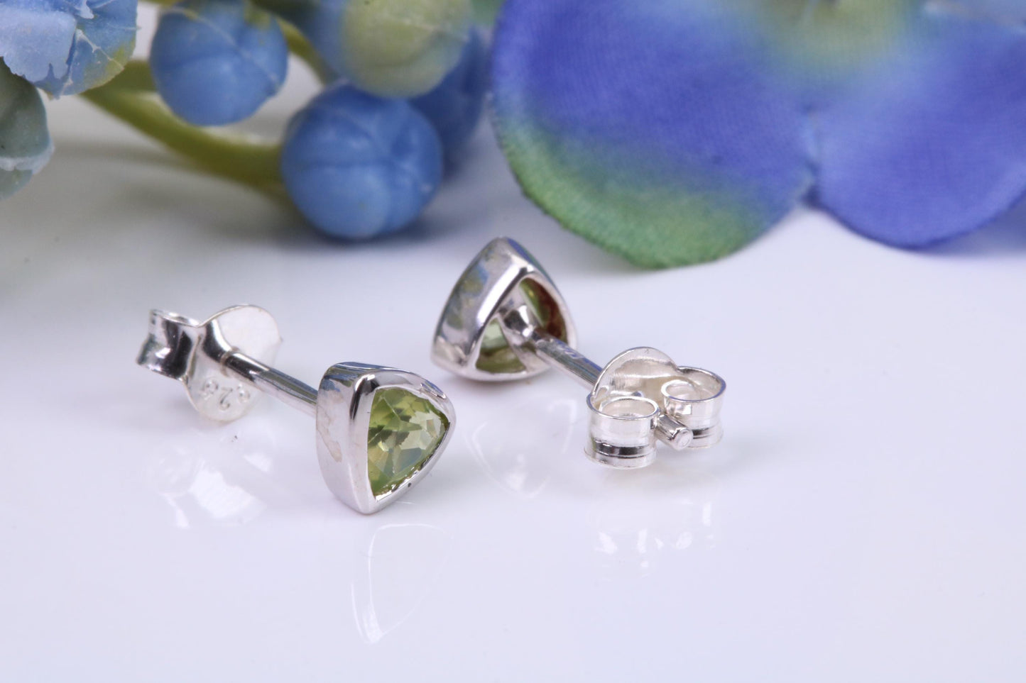 Real Trillion cut Peridot set Stud Earrings, Very Dressy, Made from Solid 925 Grade Sterling Silver