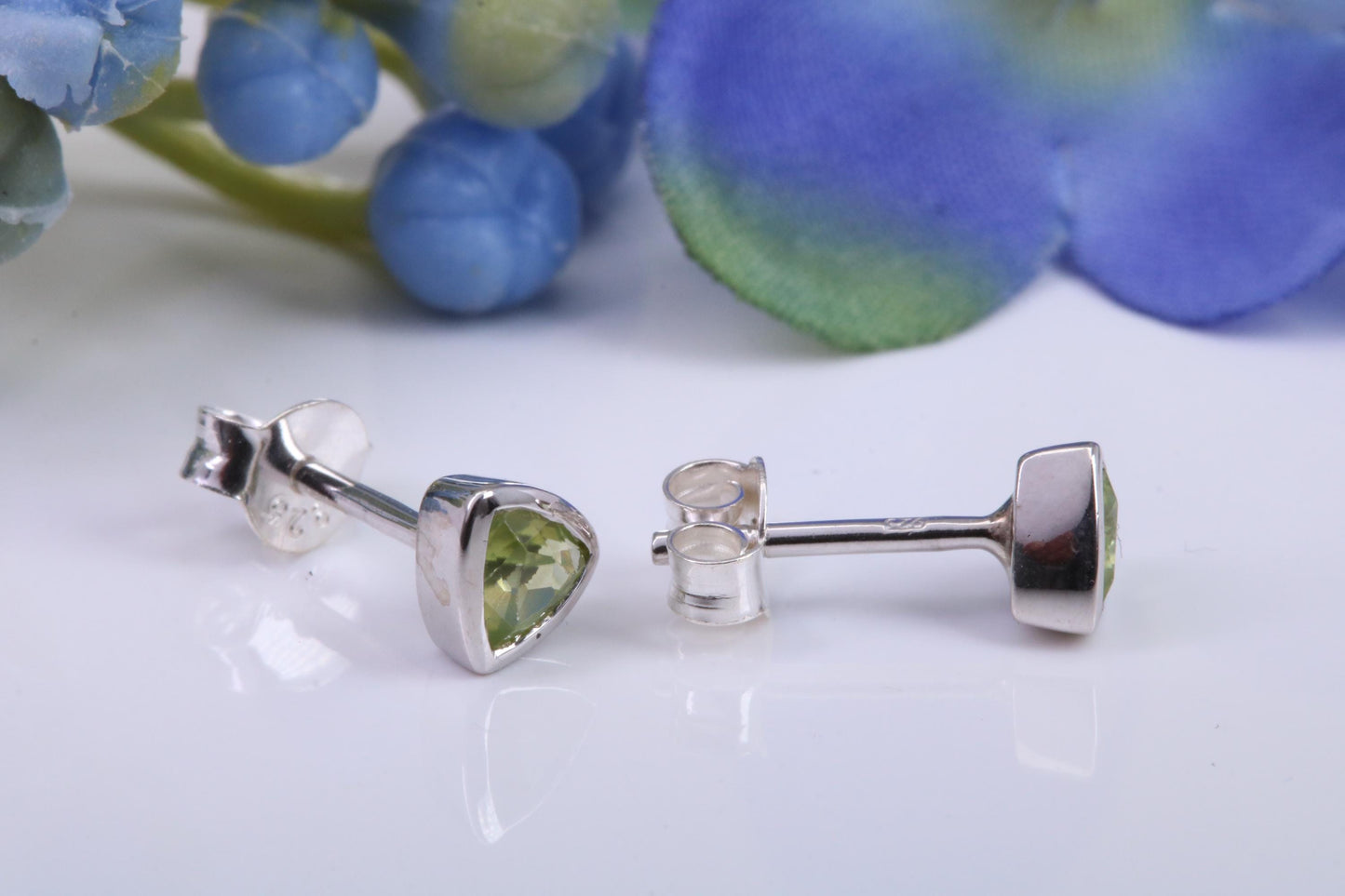 Real Trillion cut Peridot set Stud Earrings, Very Dressy, Made from Solid 925 Grade Sterling Silver