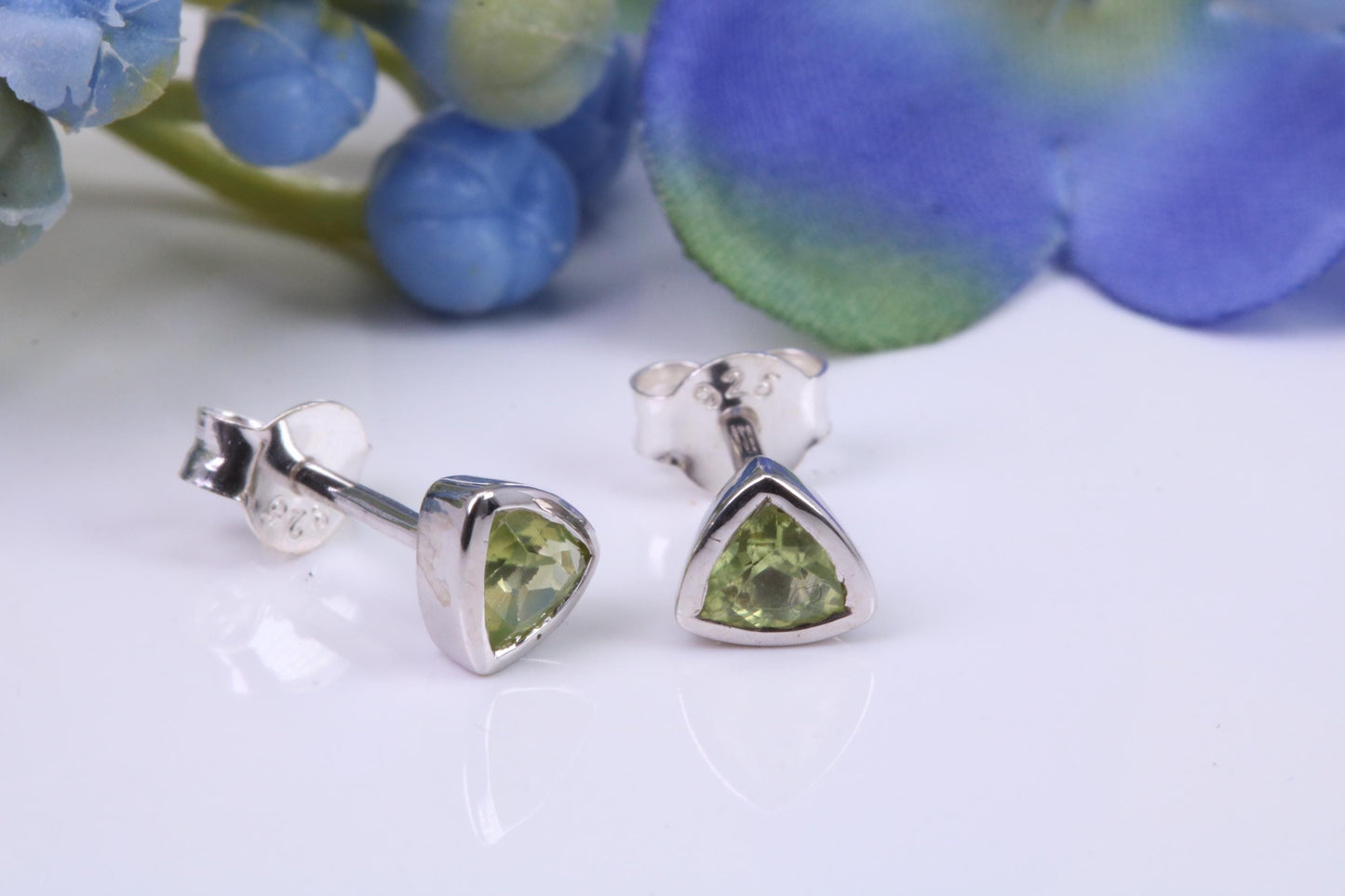 Real Trillion cut Peridot set Stud Earrings, Very Dressy, Made from Solid 925 Grade Sterling Silver