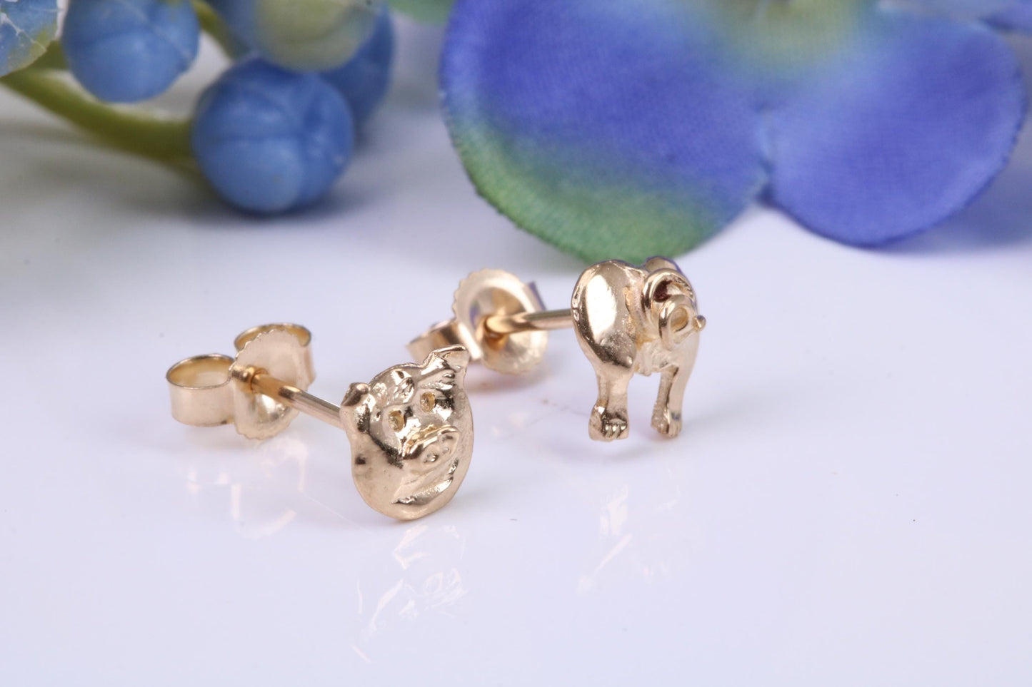 Pig Face and Pig Bum stud earrings, made from solid cast yellow gold