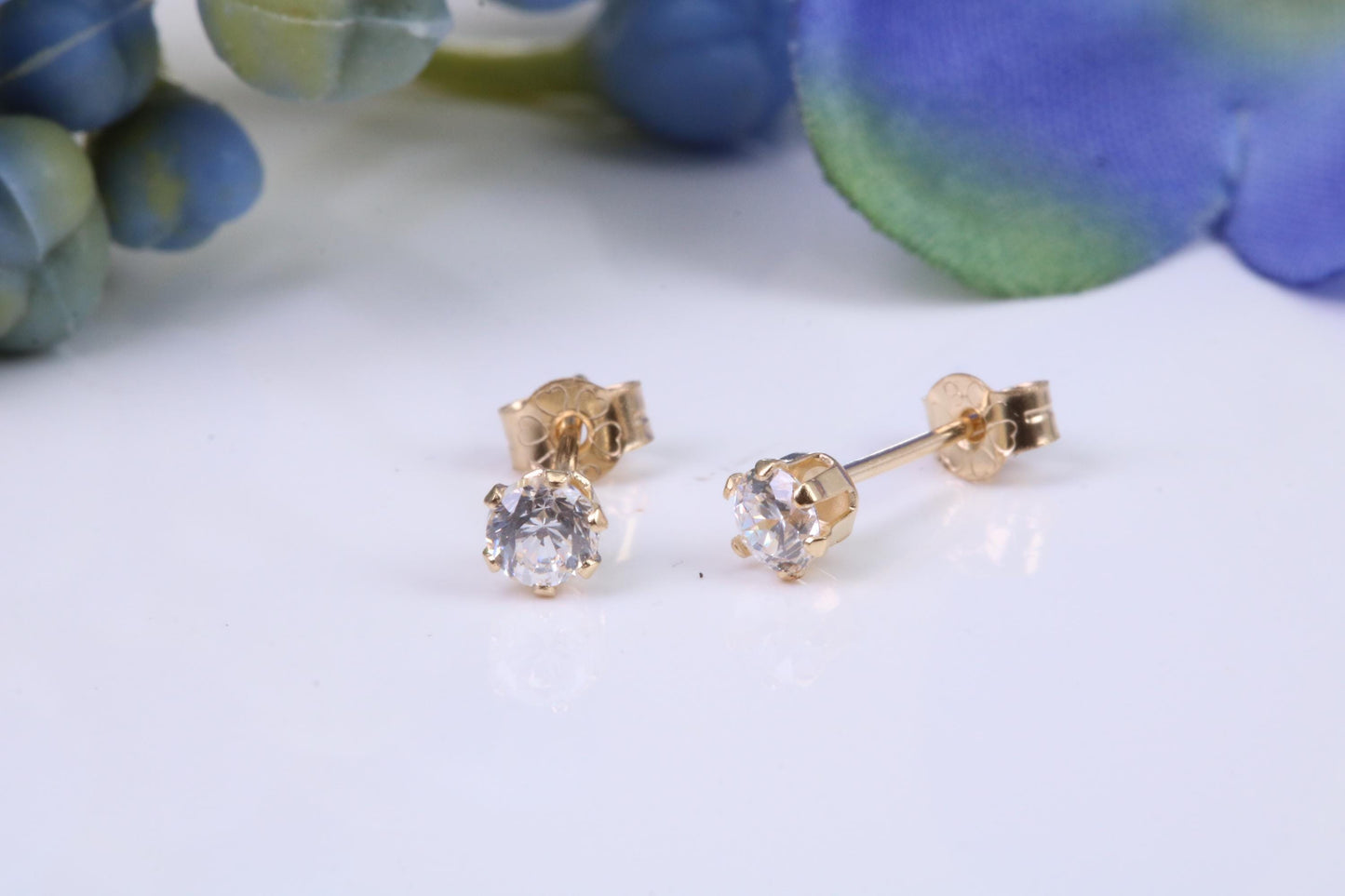 Small 3 mm Round Cubic Zirconia set Stud Earrings, Made from Solid 9ct Yellow Gold