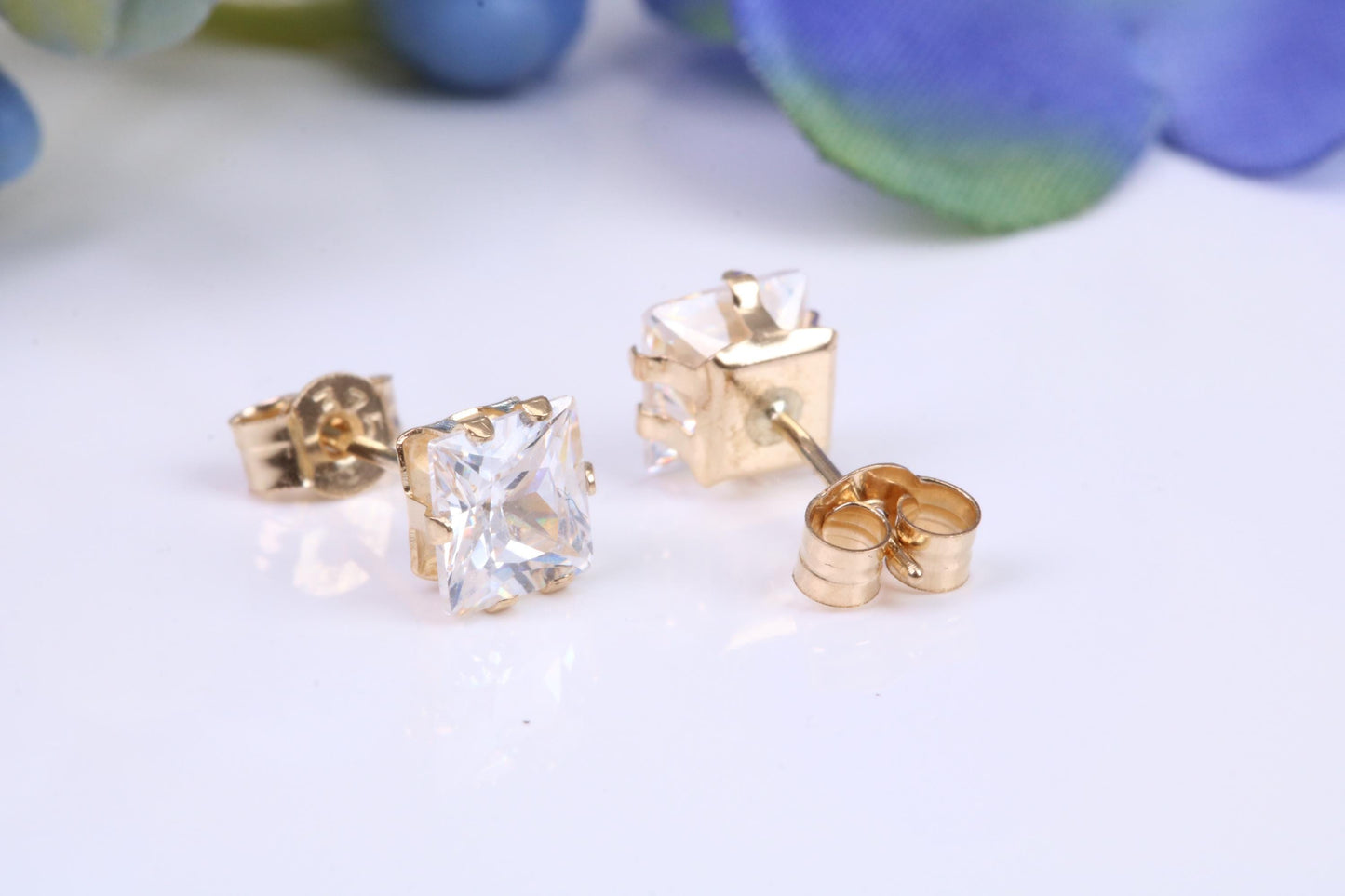 5 mm Square Cubic Zirconia set Six Claw set Stud Earrings, Made from Solid 9ct Yellow Gold