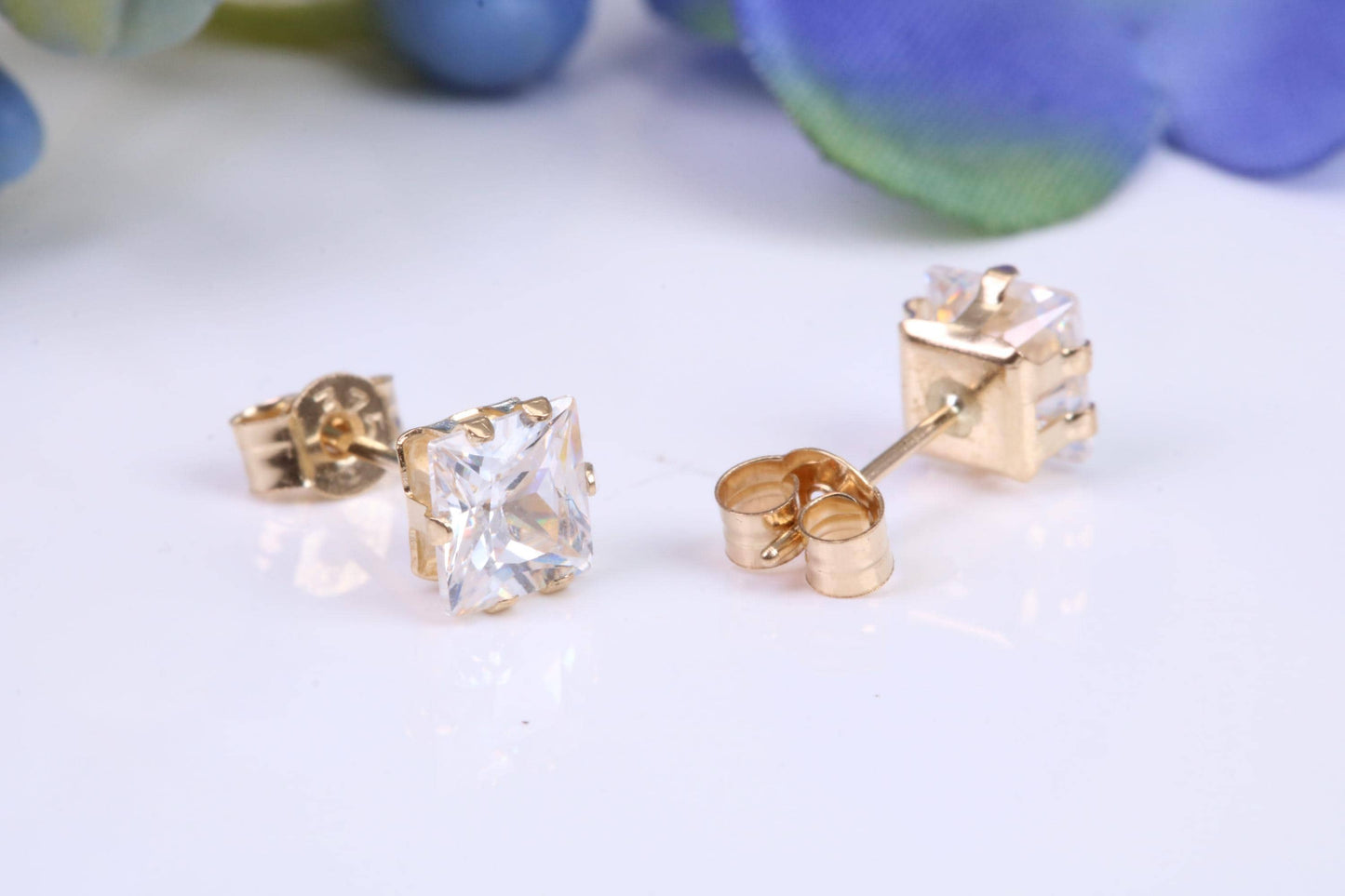 5 mm Square Cubic Zirconia set Six Claw set Stud Earrings, Made from Solid 9ct Yellow Gold