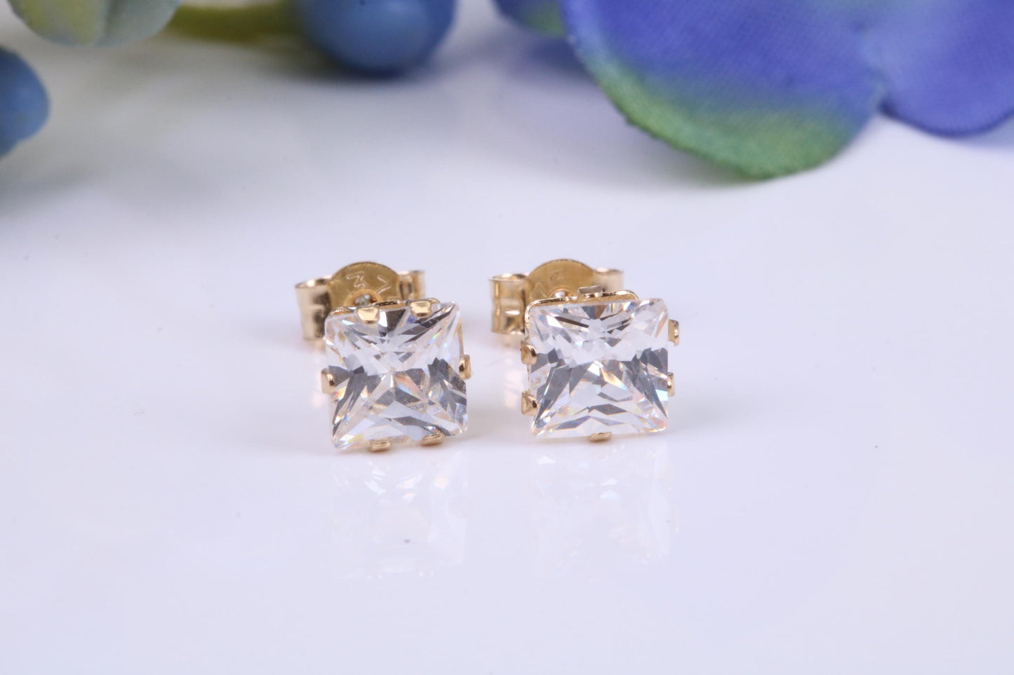 5 mm Square Cubic Zirconia set Six Claw set Stud Earrings, Made from Solid 9ct Yellow Gold