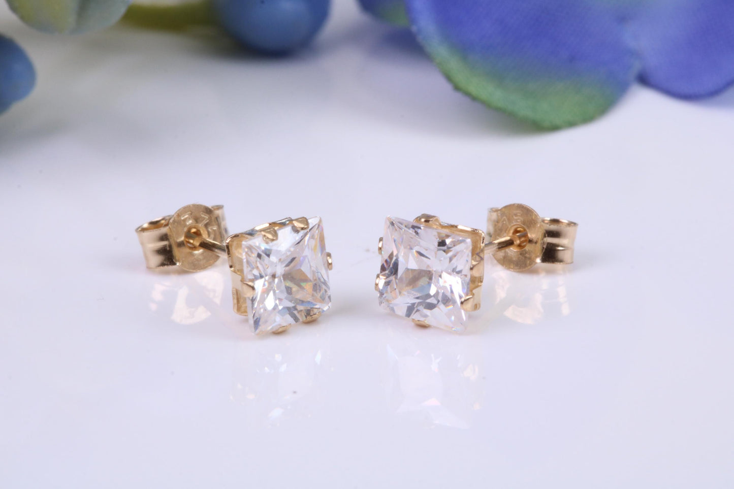 5 mm Square Cubic Zirconia set Six Claw set Stud Earrings, Made from Solid 9ct Yellow Gold