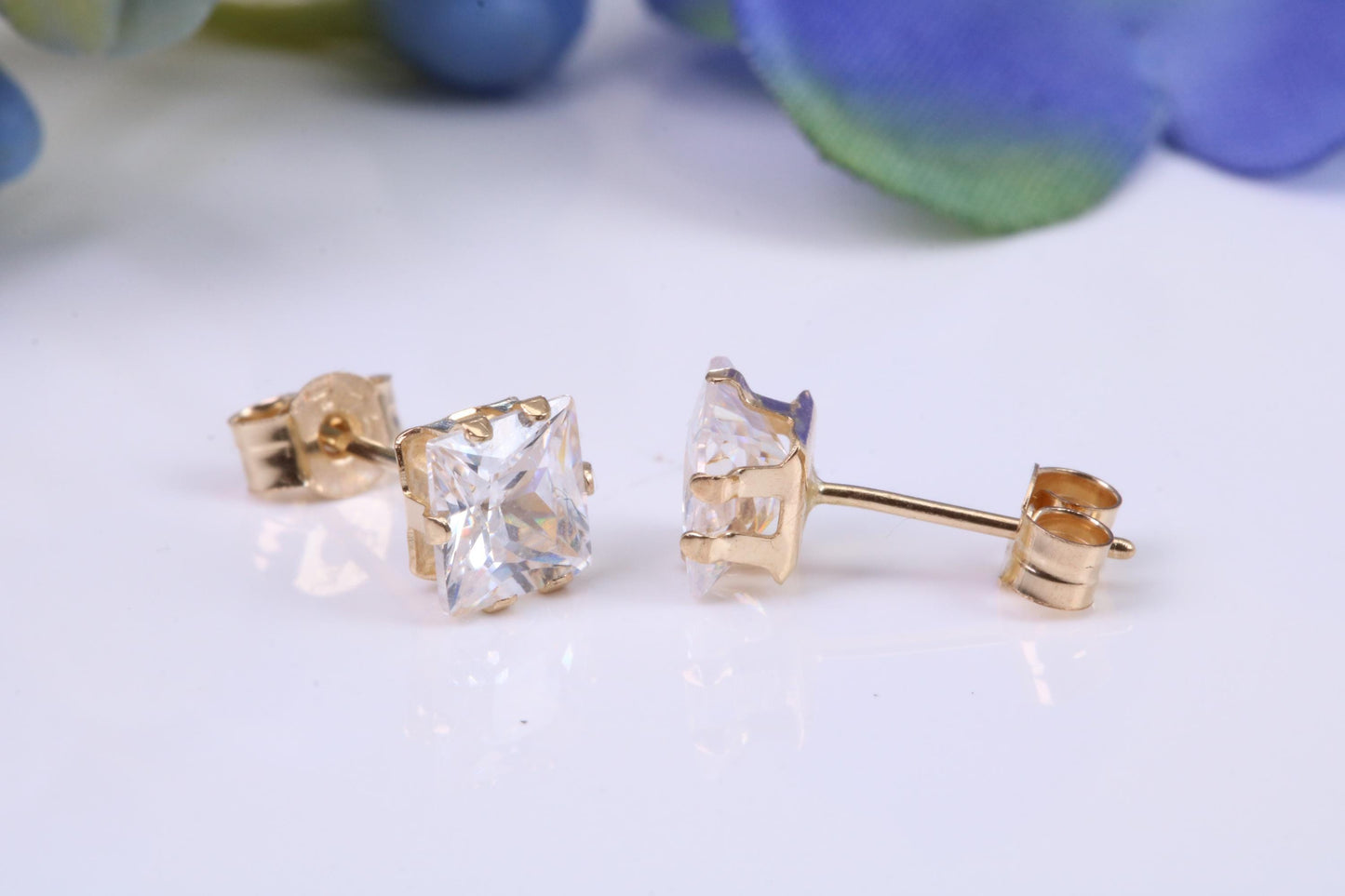 5 mm Square Cubic Zirconia set Six Claw set Stud Earrings, Made from Solid 9ct Yellow Gold