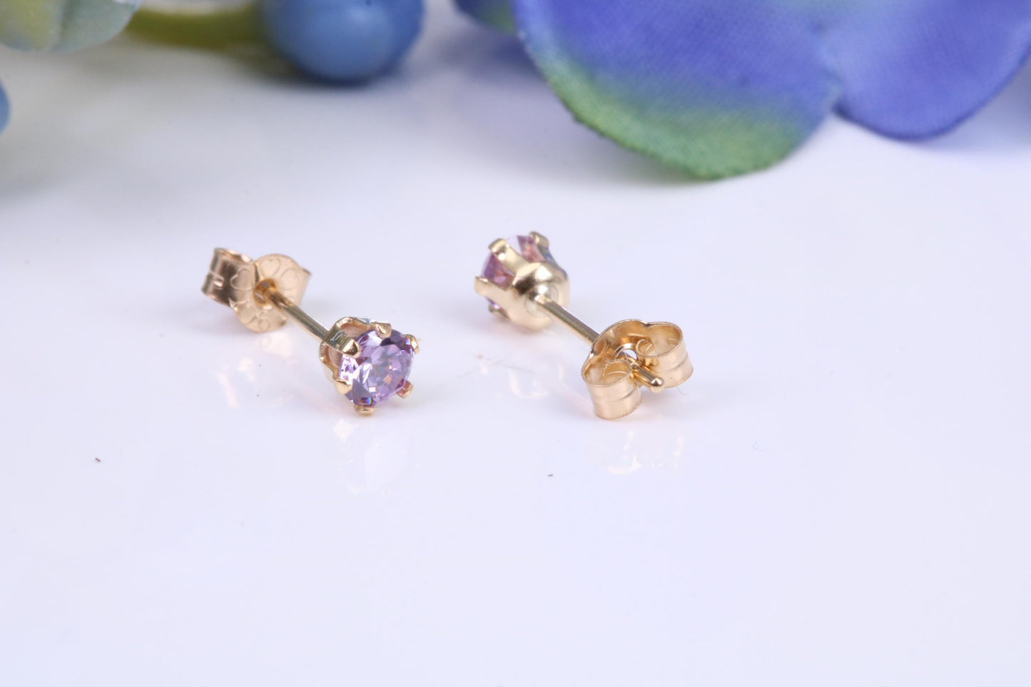 Small 3 mm Round Amethyst Cubic Zirconia set Stud Earrings, Made from Solid 9ct Yellow Gold