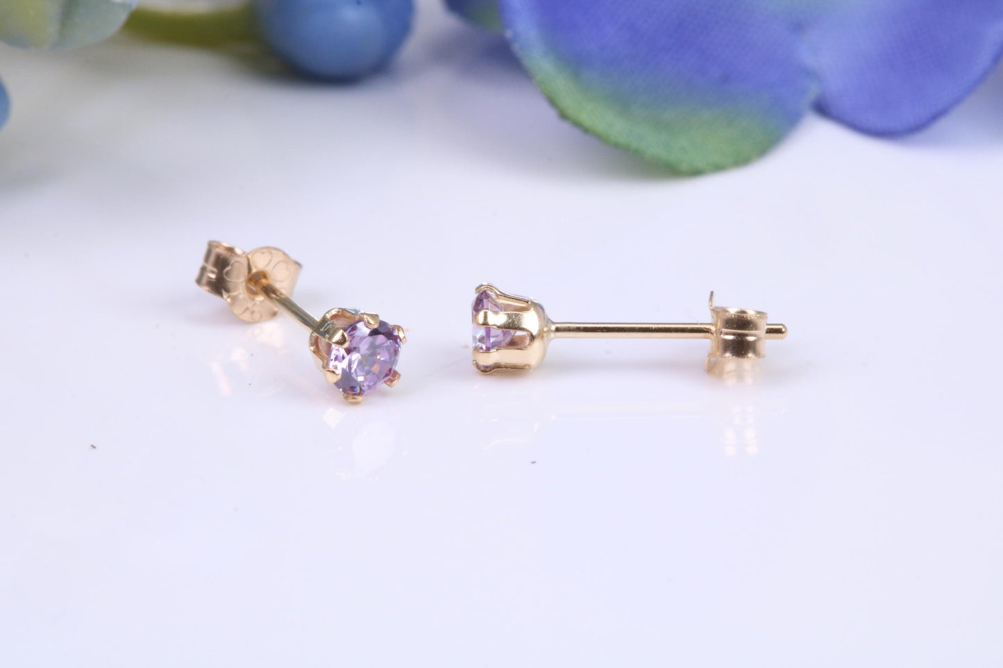 Small 3 mm Round Amethyst Cubic Zirconia set Stud Earrings, Made from Solid 9ct Yellow Gold