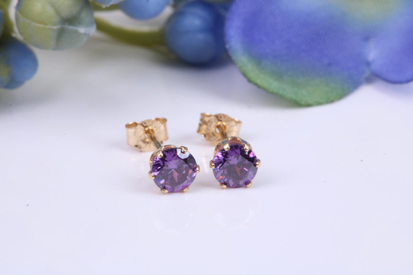 Small 4 mm Round Amethyst Cubic Zirconia set Stud Earrings, Made from Solid 9ct Yellow Gold