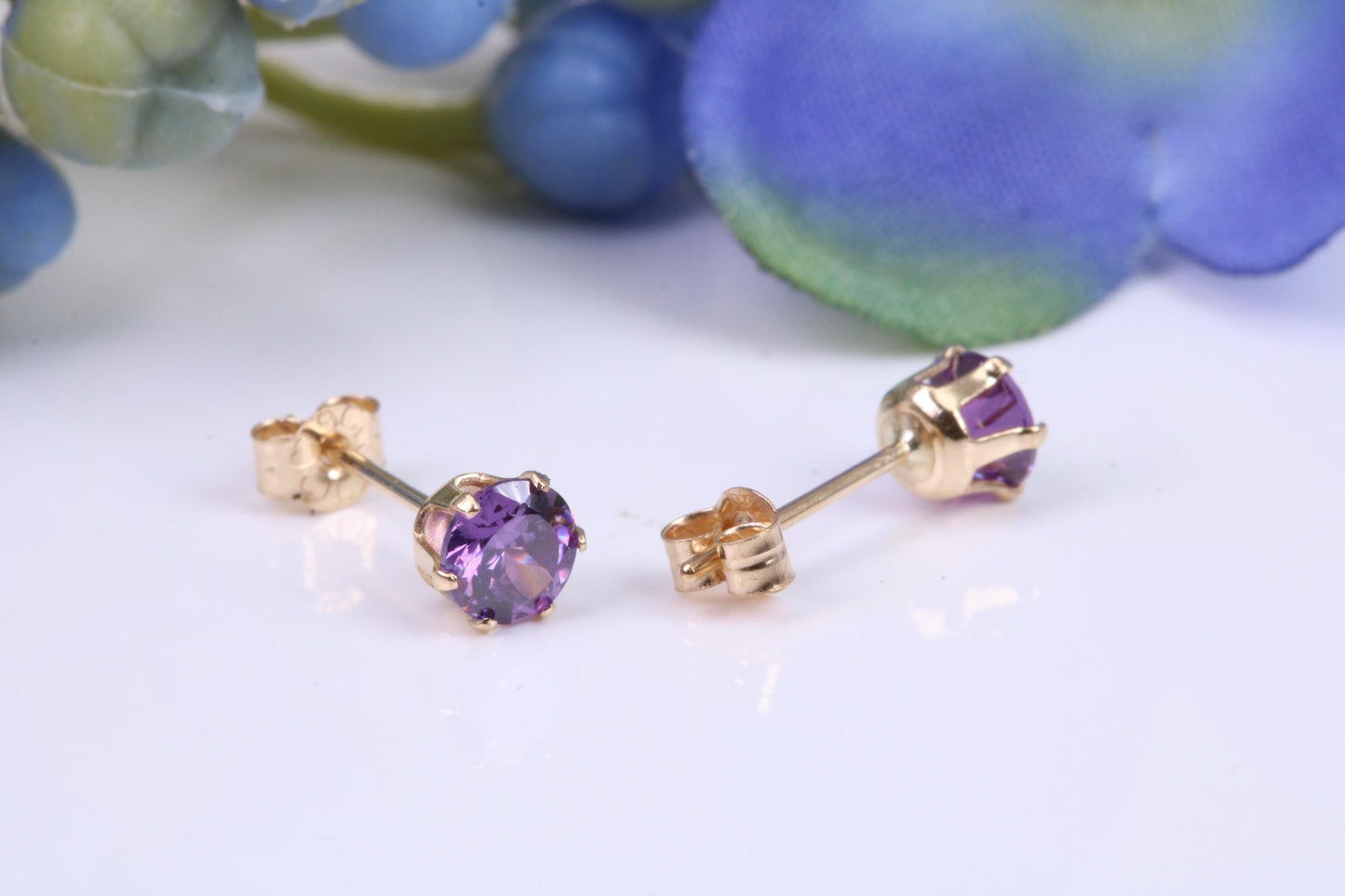 Small 4 mm Round Amethyst Cubic Zirconia set Stud Earrings, Made from Solid 9ct Yellow Gold
