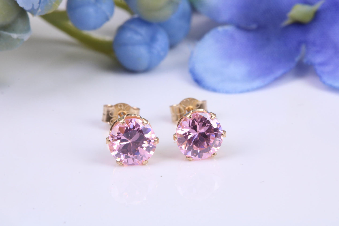 Small 5 mm Round Pink Cubic Zirconia set Stud Earrings, Made from Solid 9ct Yellow Gold