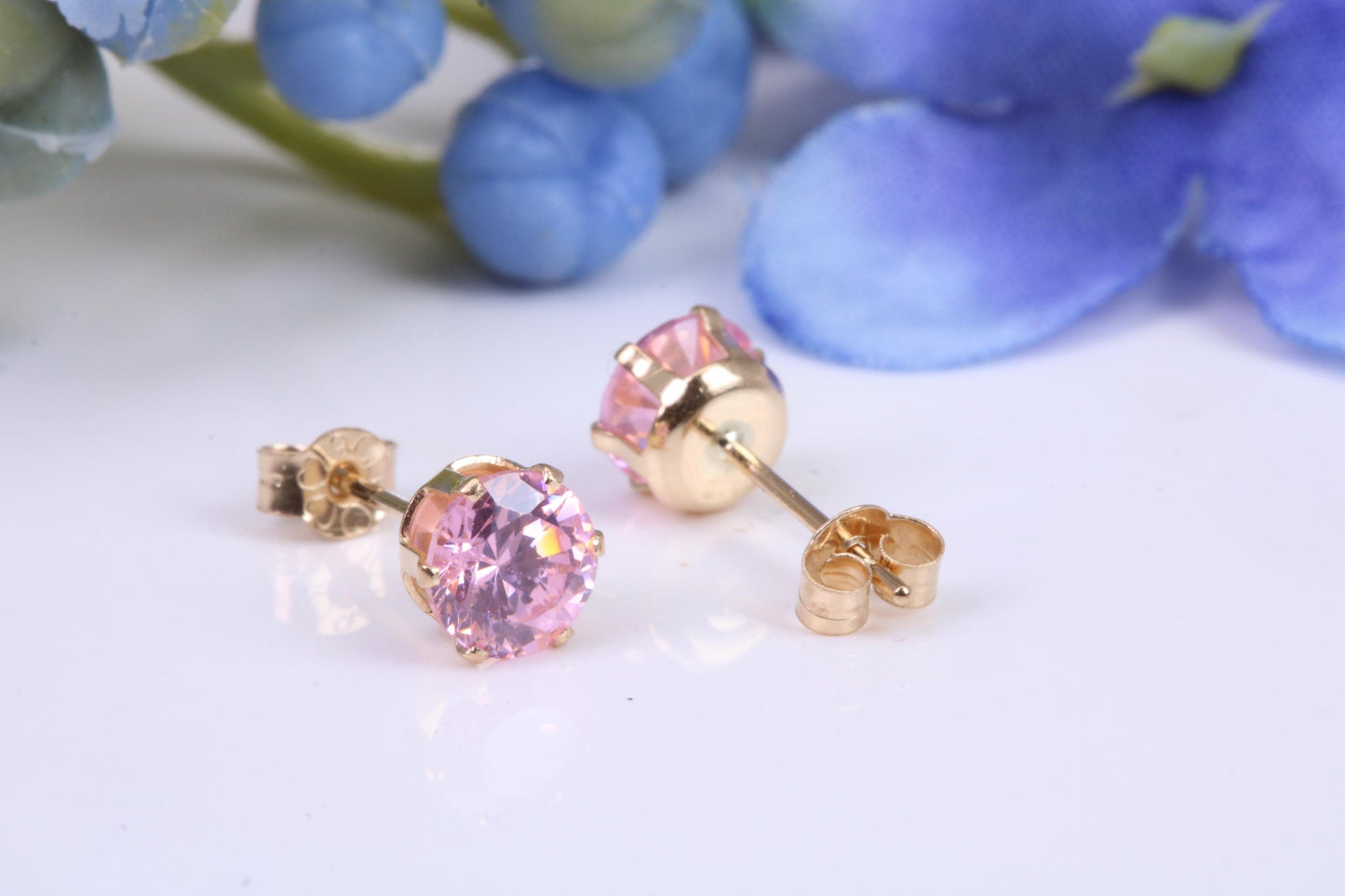 Small 5 mm Round Pink Cubic Zirconia set Stud Earrings, Made from Solid 9ct Yellow Gold