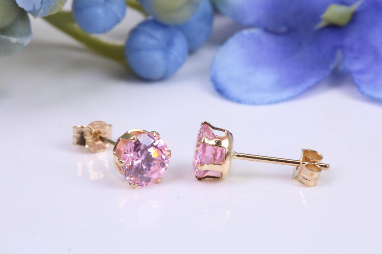 Small 5 mm Round Pink Cubic Zirconia set Stud Earrings, Made from Solid 9ct Yellow Gold